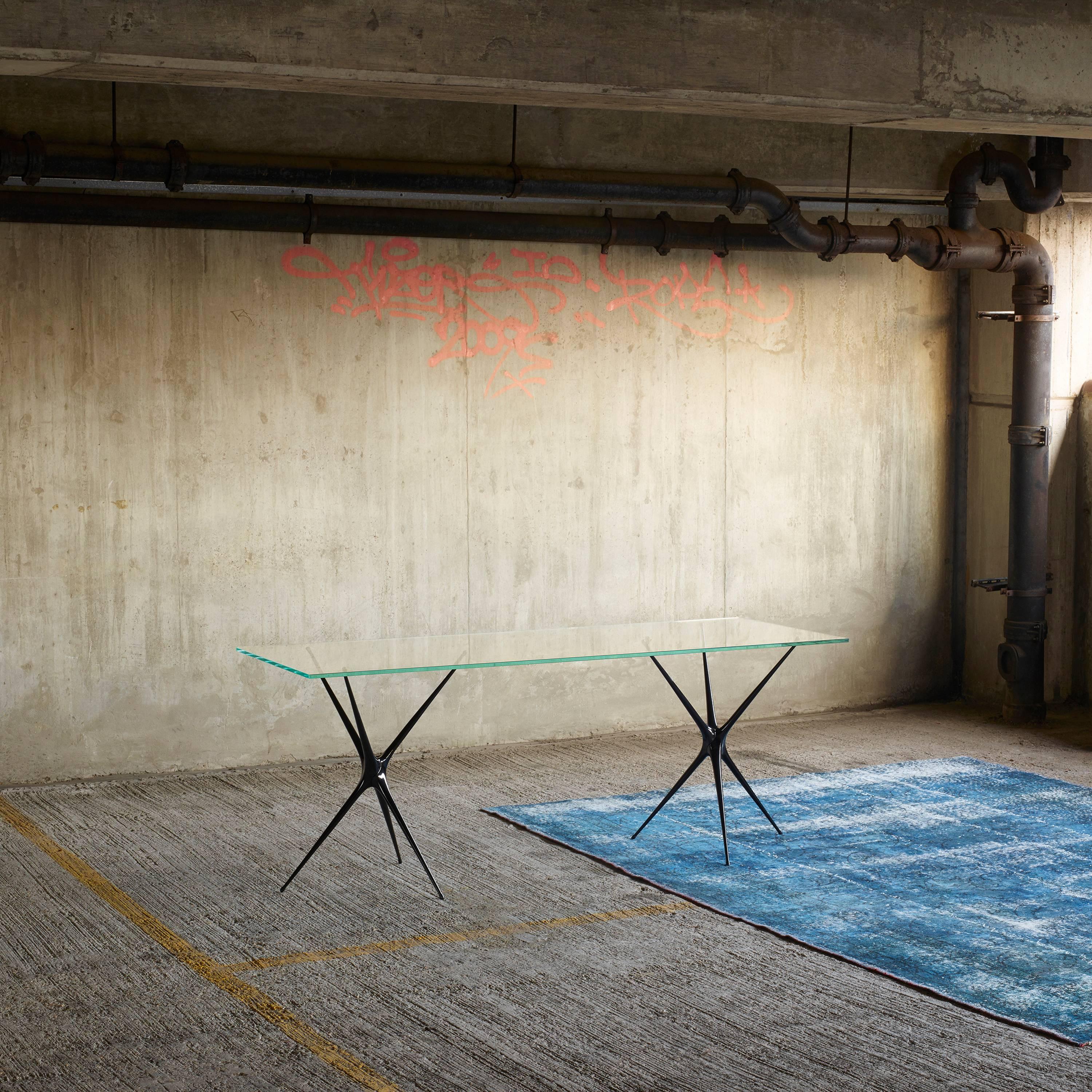 British Supernova, Recycled Cast Aluminum Trestle Table Legs & Glass by Made in Ratio