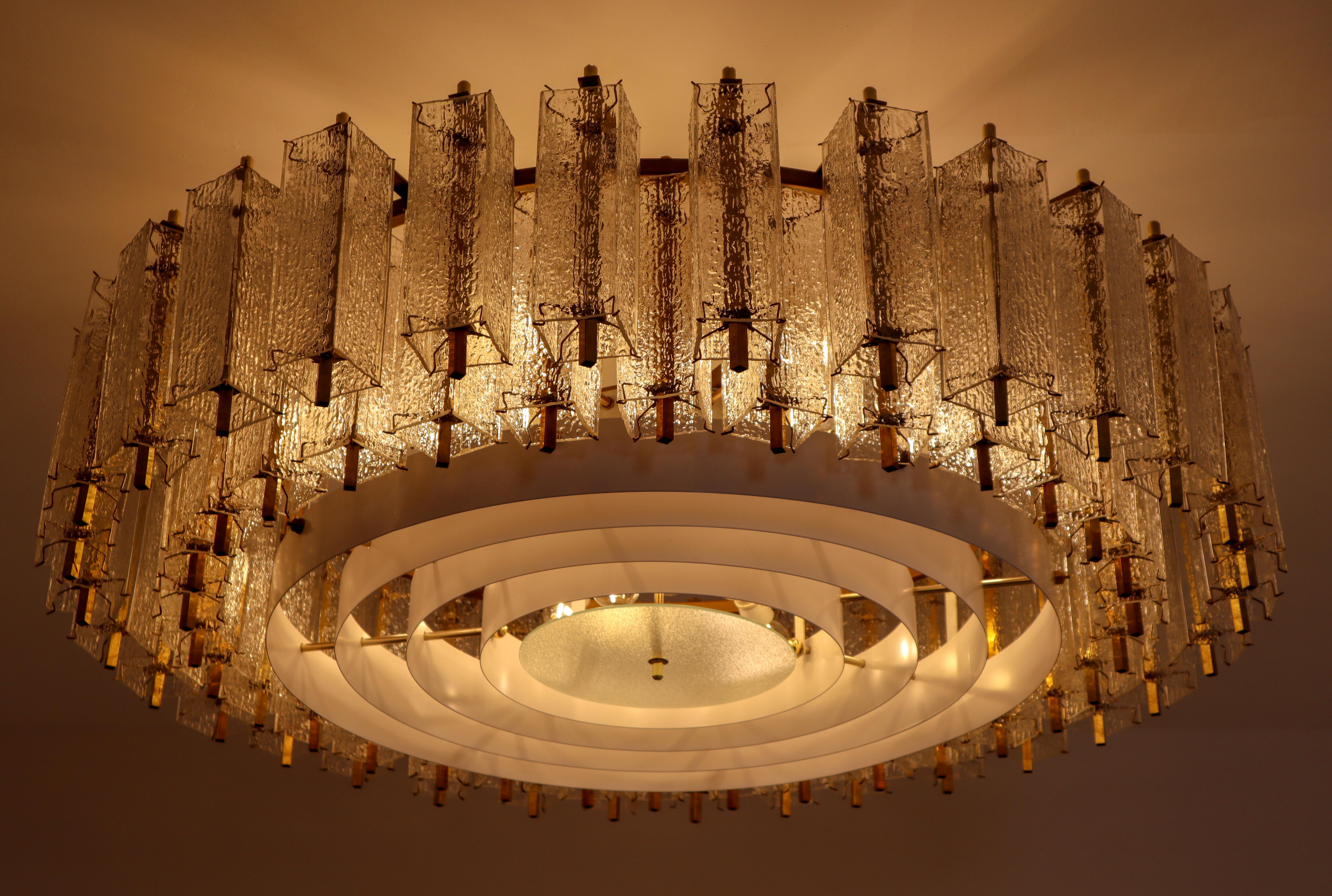 Three Extra Large Midcentury Chandeliers in Structured Glass and Brass, Europe 1