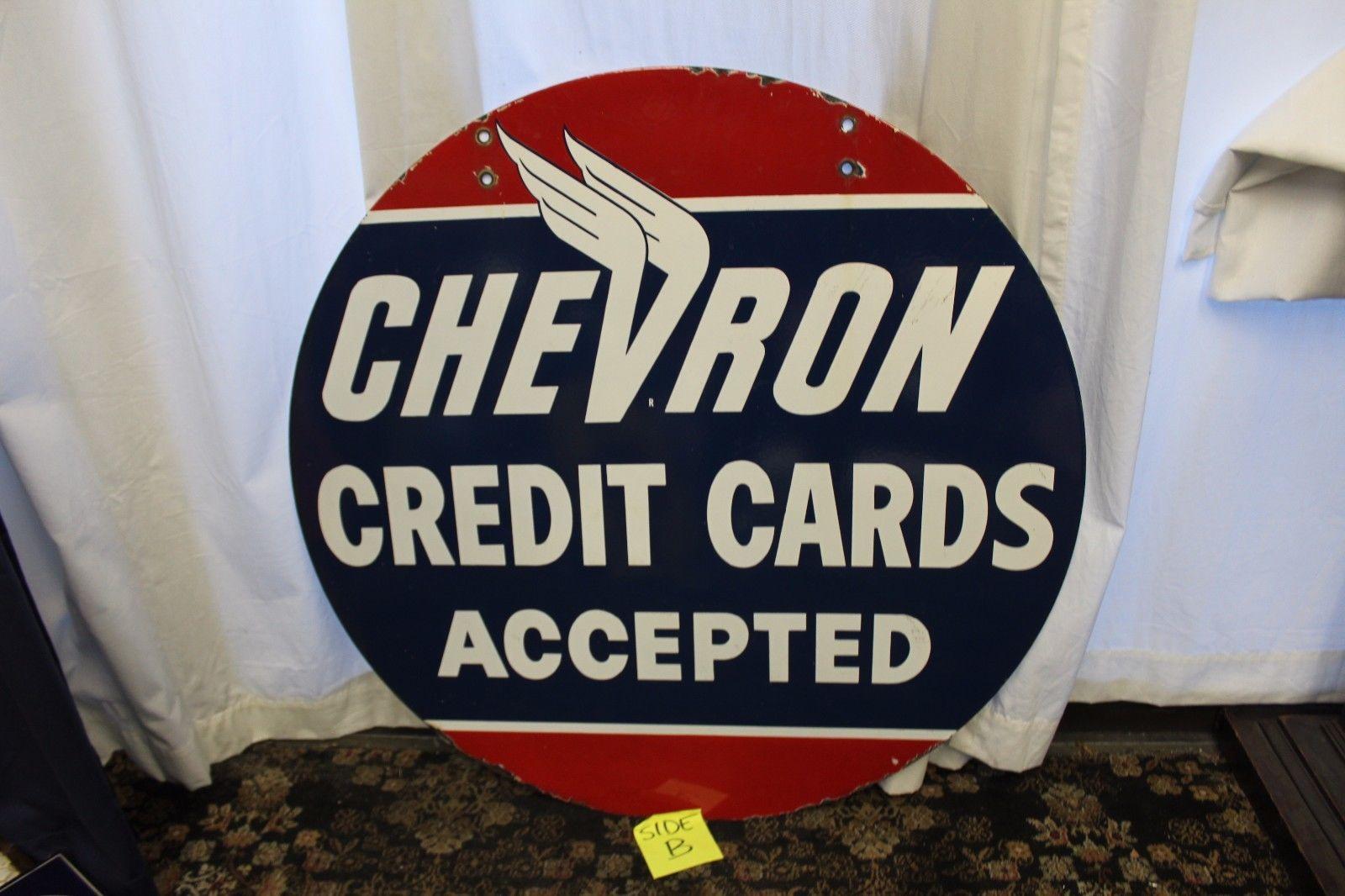 American 1950s Chevron Credit Cards Dealer D.S. Porcelain Sign For Sale