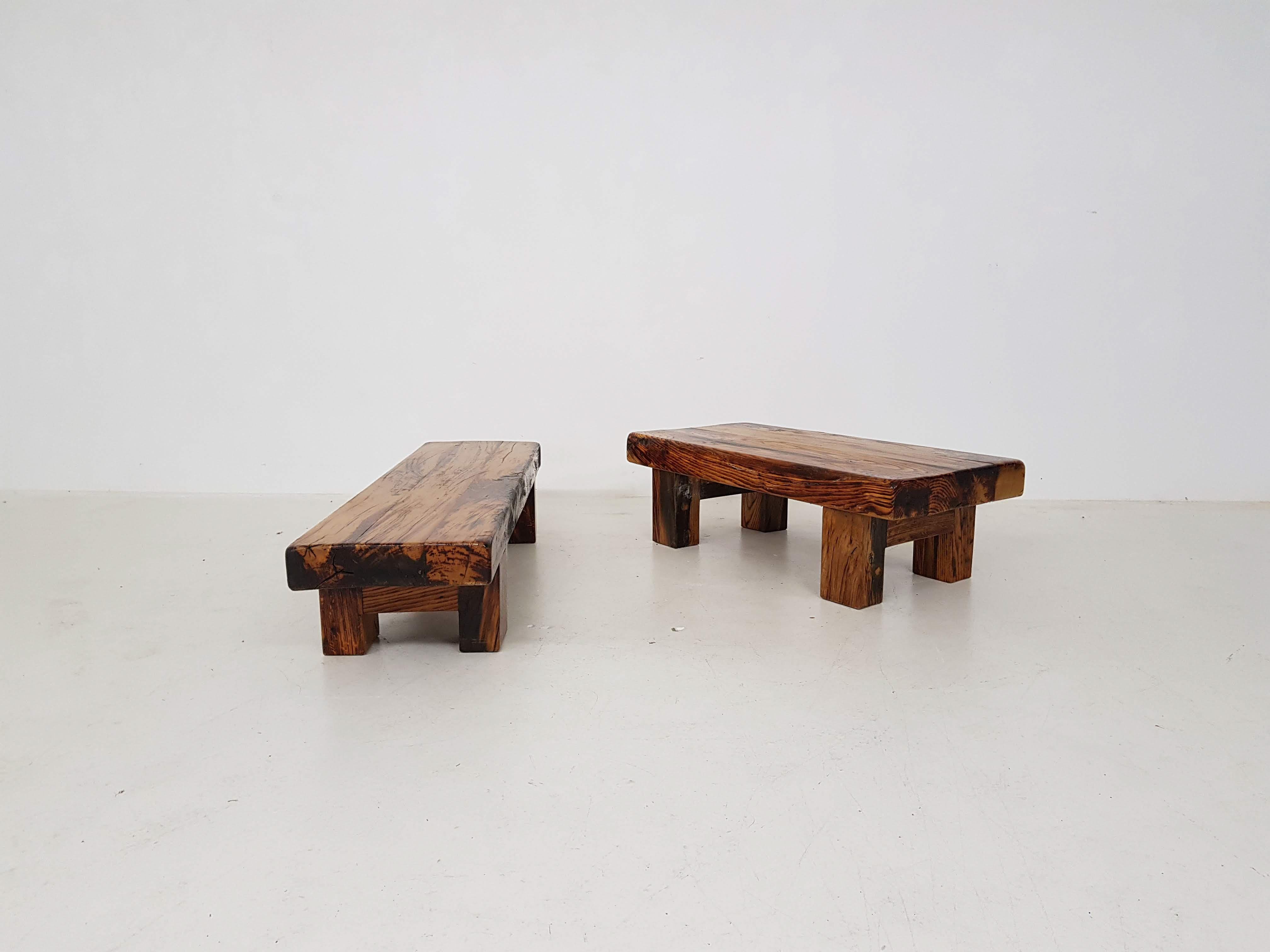 Two Charlotte Perriand Style Brutalist Solid Oak Benches or Tables, France 1950s 2