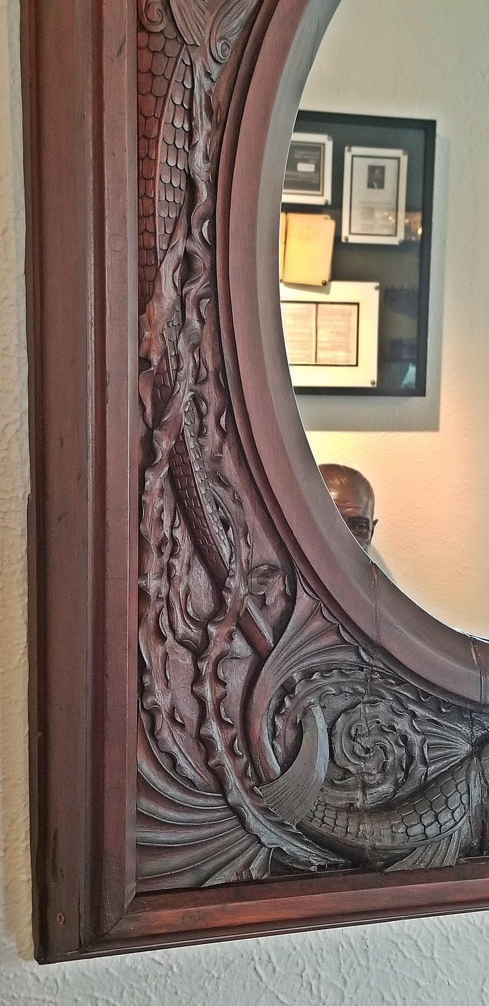19th Century American Dark Walnut Wall Mirror with Mermaids 1