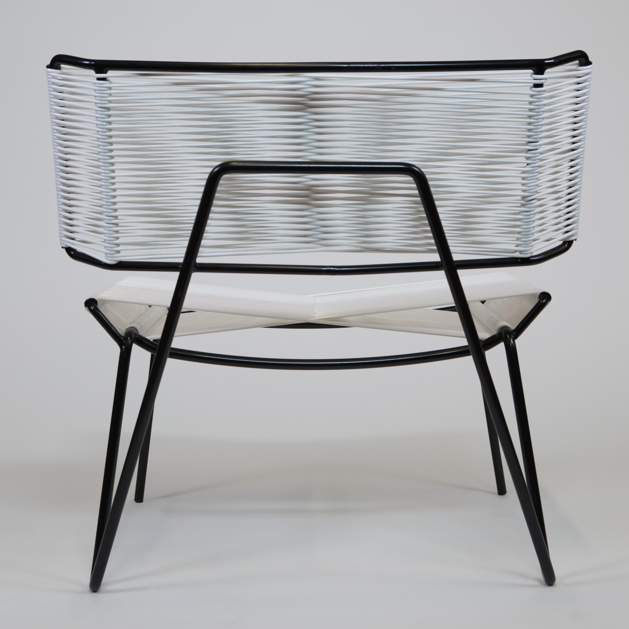 Hand-Woven Handmade Midcentury Style Outdoor Lounge Chair, Black with White PVC, in Stock