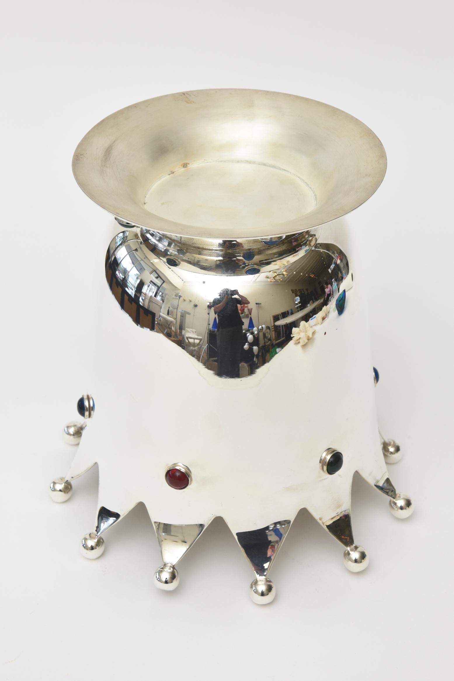 Mid-Century Modern Silver Plate & Glass Stone Crown Ice/ Champagne Bucket/ Bar In Good Condition In North Miami, FL