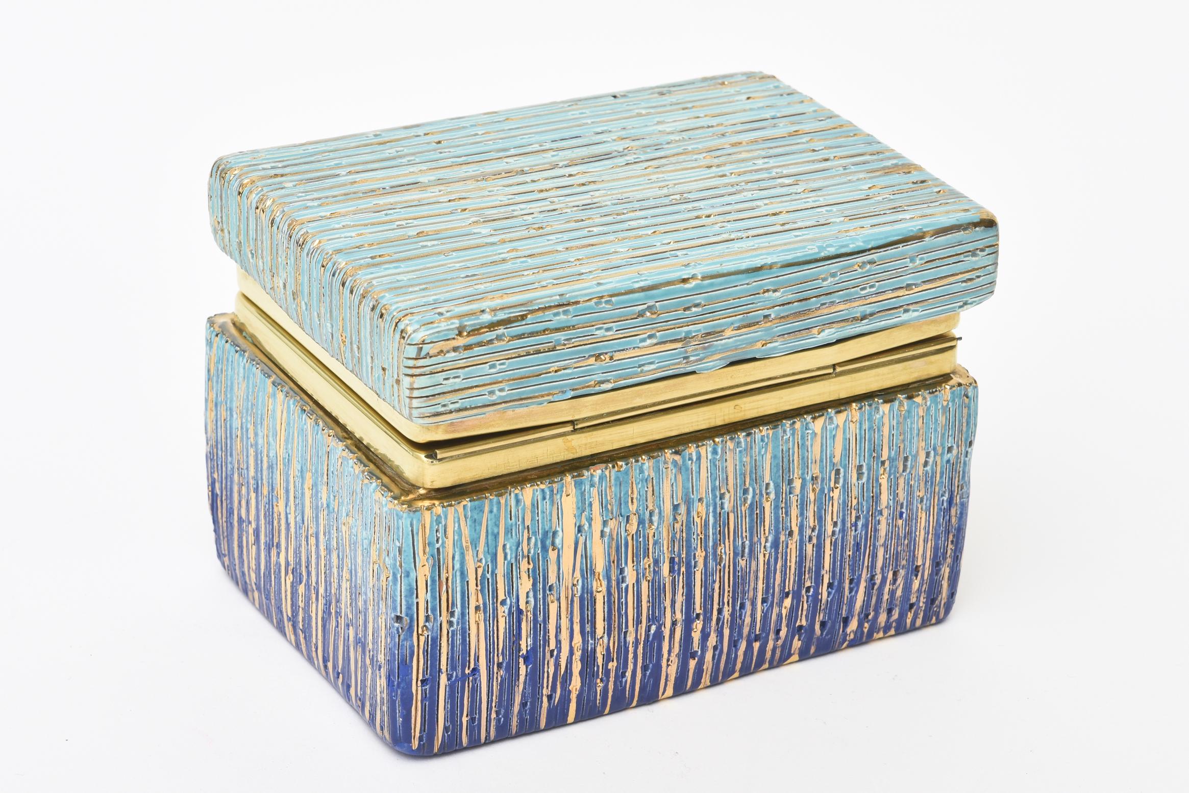 Italian Mid-Century Modern Bitossi Glazed Ceramic, Gold and Brass Hinged Box 3
