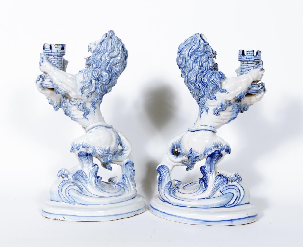 Bronze Pair of 19th Century Galle Faience Lion Candleholder with Silver Candelabra For Sale