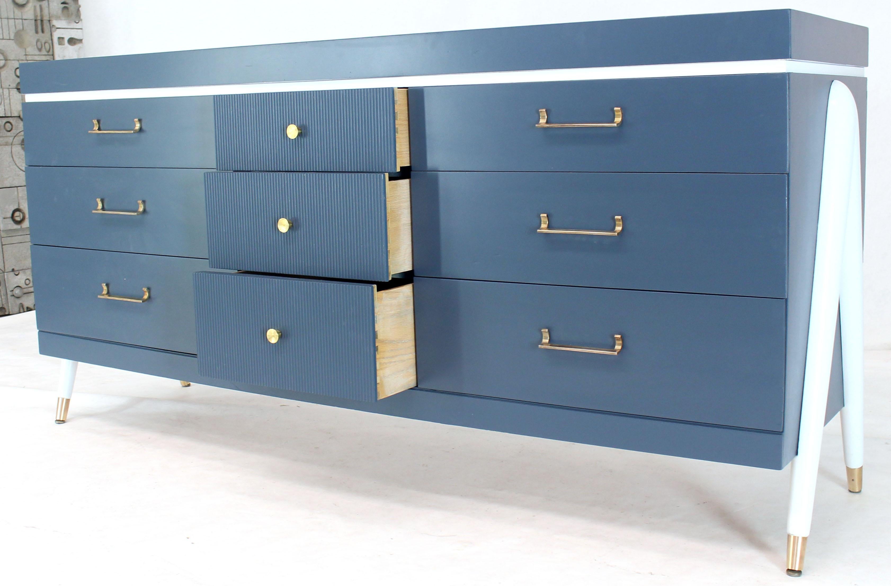 20th Century White and Blue Exposed Sculptural Compass Shape Legs Nine Drawers Dresser