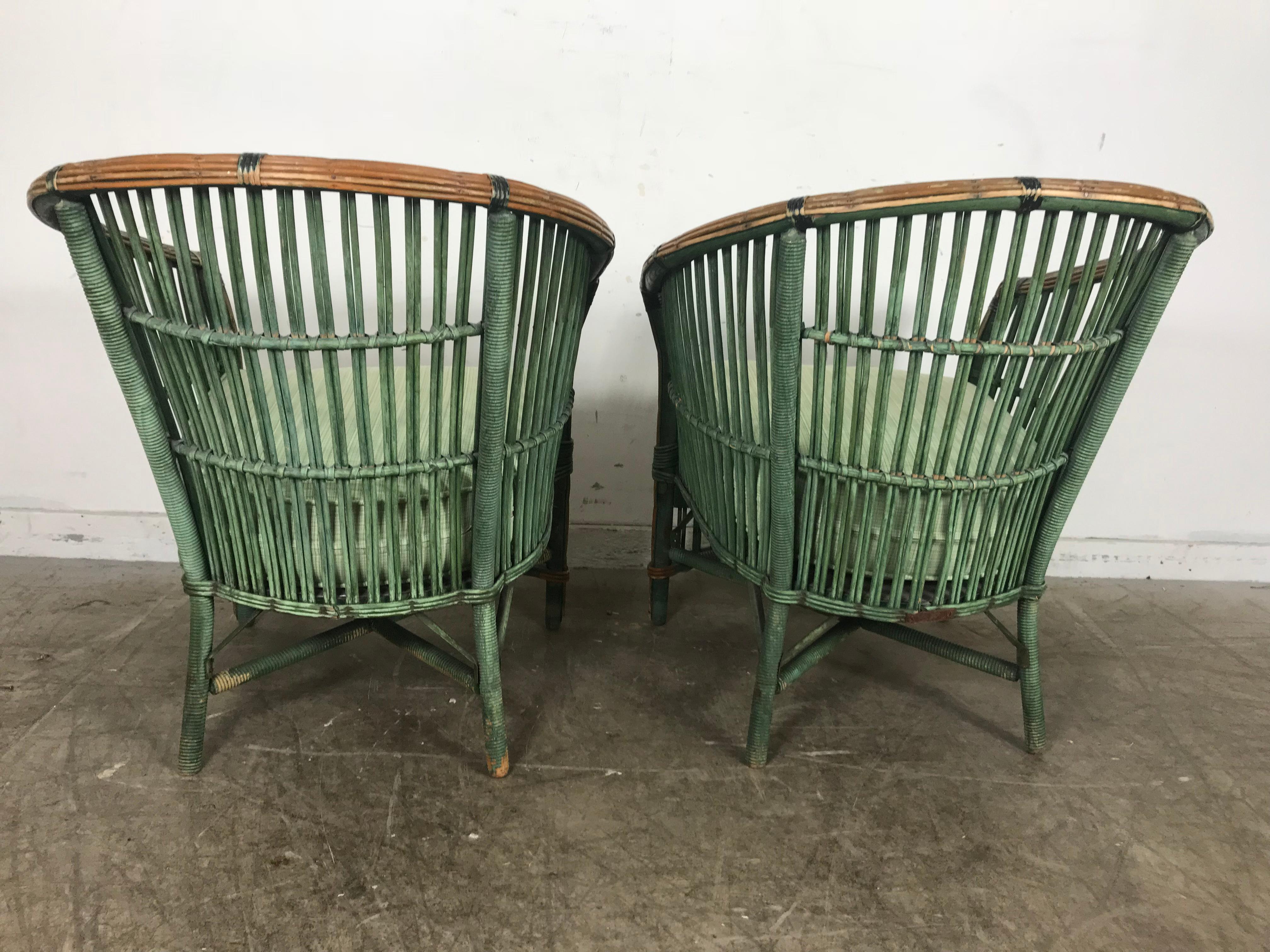 Pair of Art Deco Split Reed Stick Wicker Lounge Chairs 3