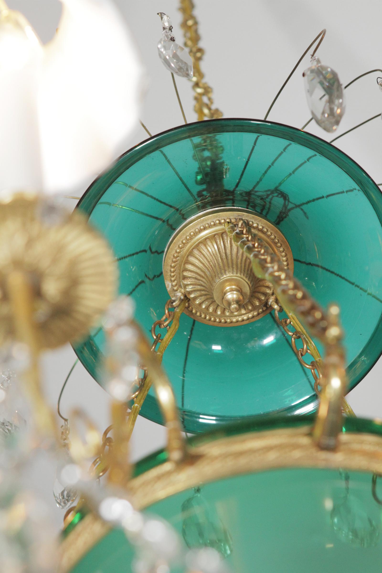Elegant Gilt Bronze and Emerald Green Glass Chandelier 2