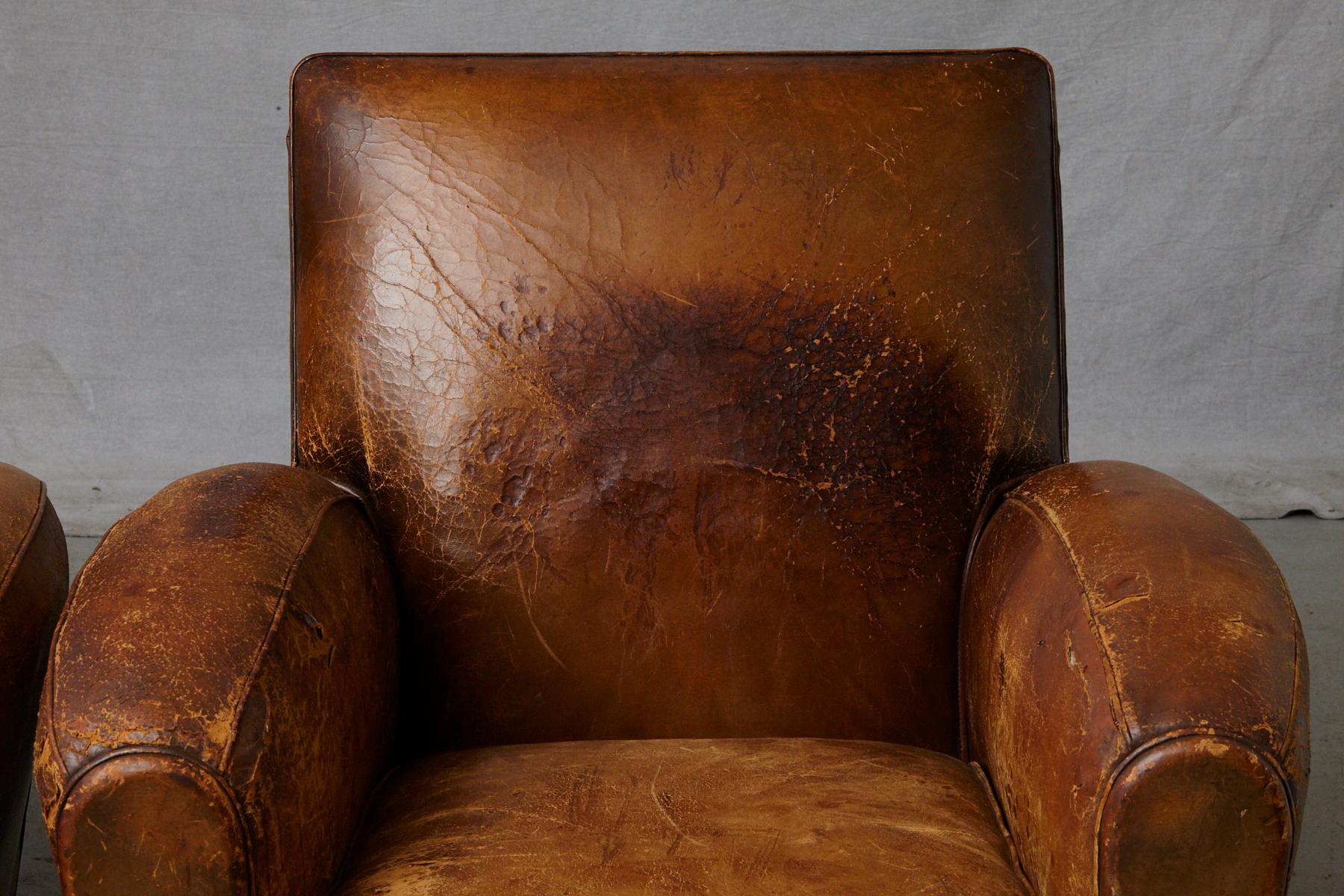 Pair of Large Distressed French Leather Fauteuils or Club Chairs, circa 1930s 3