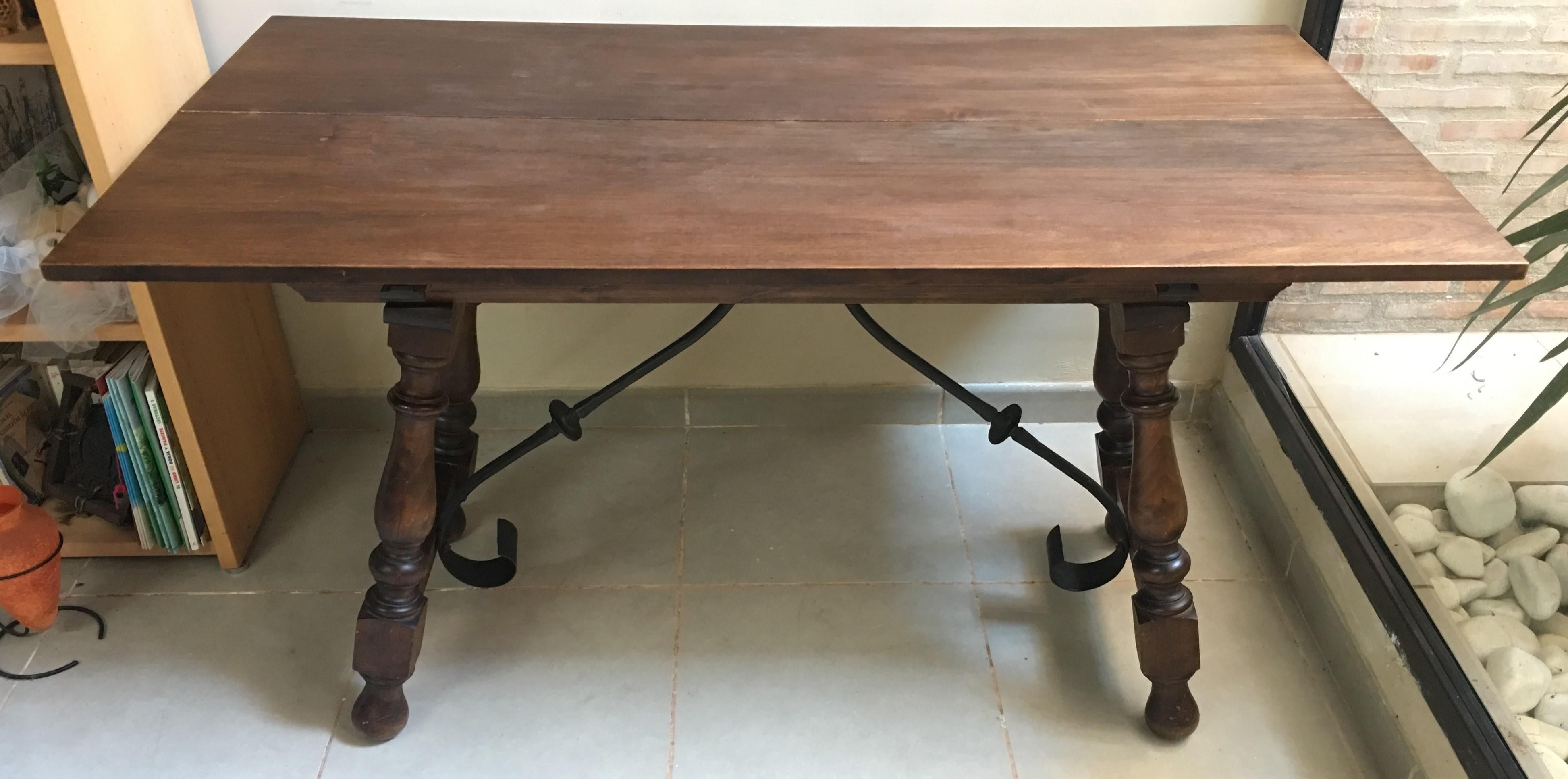 20th Century Spanish Console Fold Out Farm Table with Iron Stretcher 4