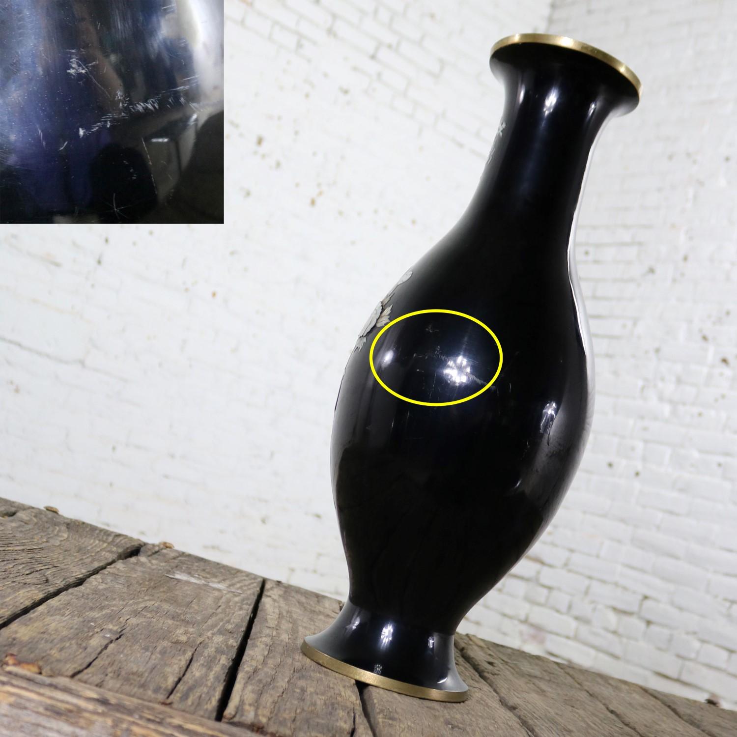 20th Century Black Lacquer with Inlaid Mother-of-Pearl Korean Bottle Vase Extra Large Footed