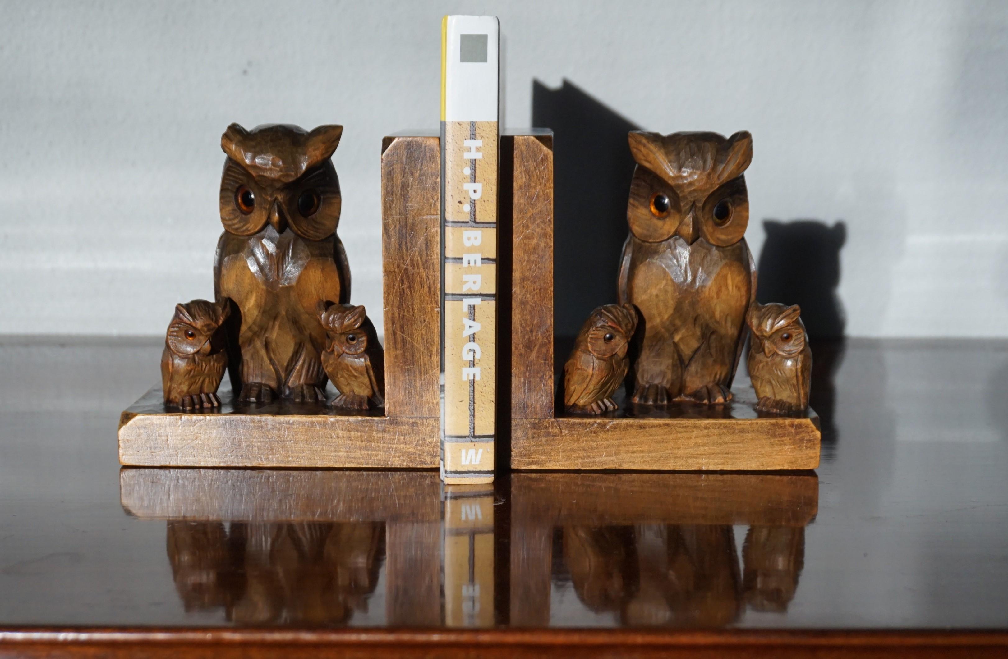 Early 20th Century Art Deco Era Bookends W. Hand Carved Family of Owl Sculptures 2