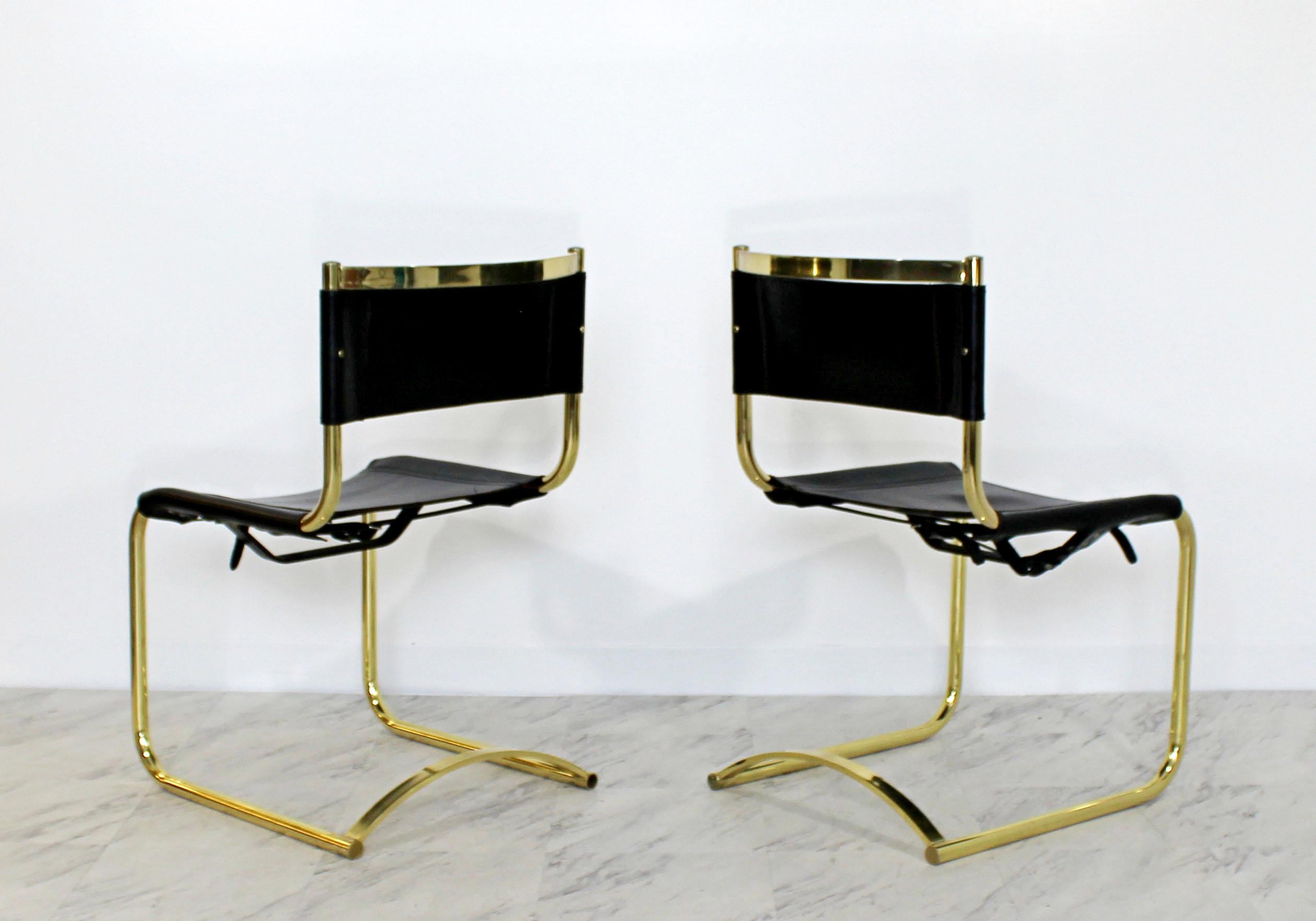 Mid-Century Modern 8 Brass Black Leather Side Dining Chairs Breuer Mies Era 3