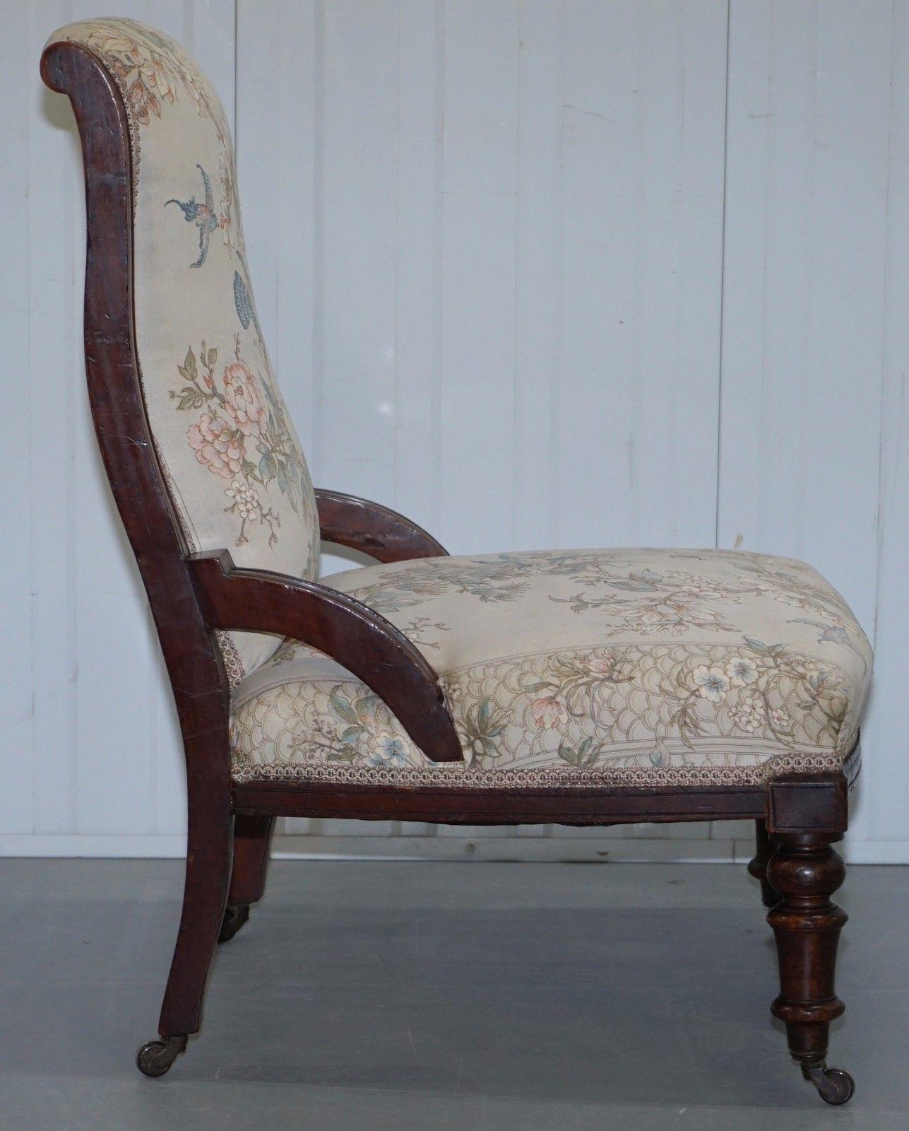 Victorian Mahogany Library Chair Part of Suite Satin Floral and Birds Upholstery 3