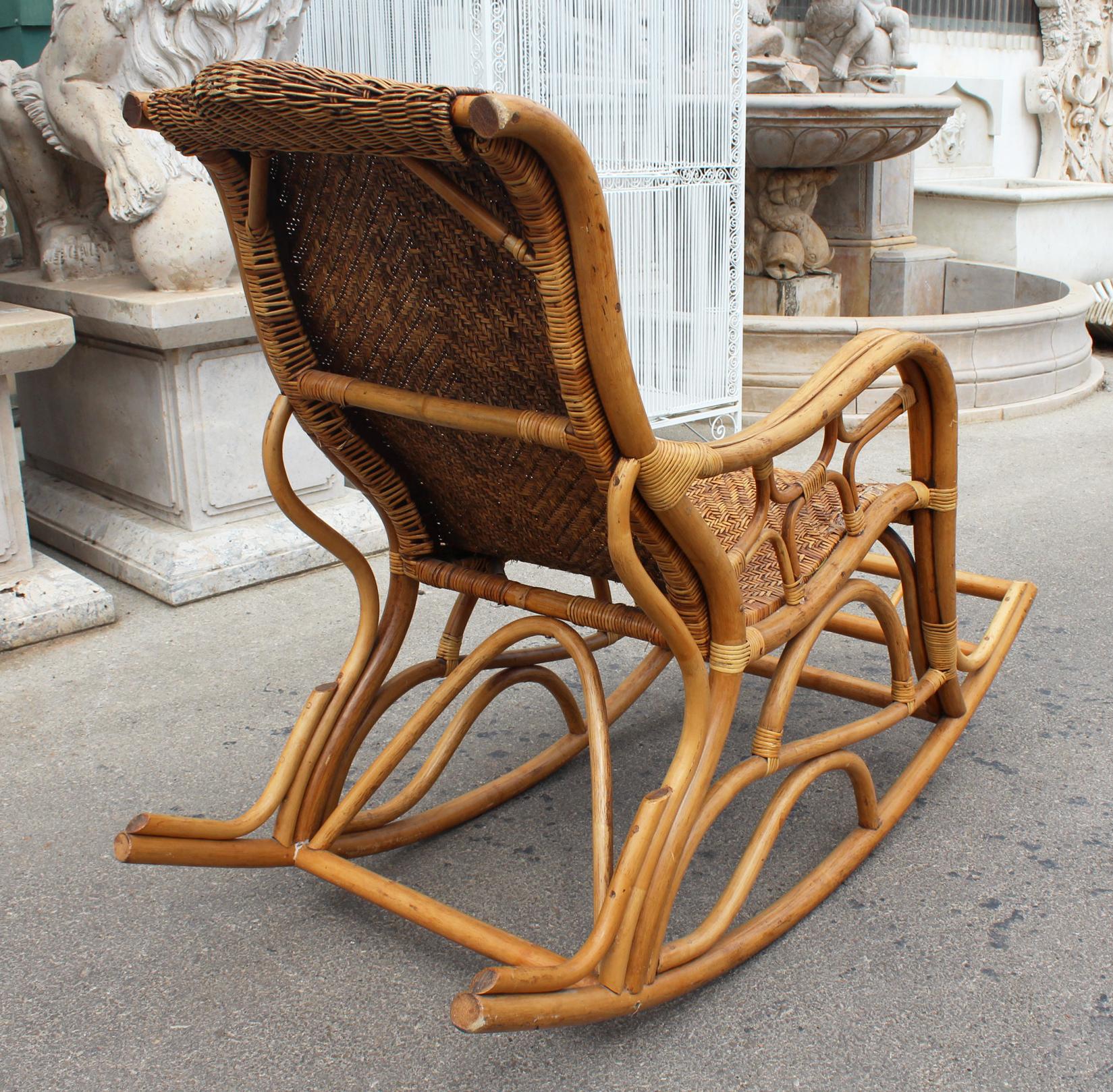 1980s Spanish Bamboo and Laced Wicker Rocking Chair 3