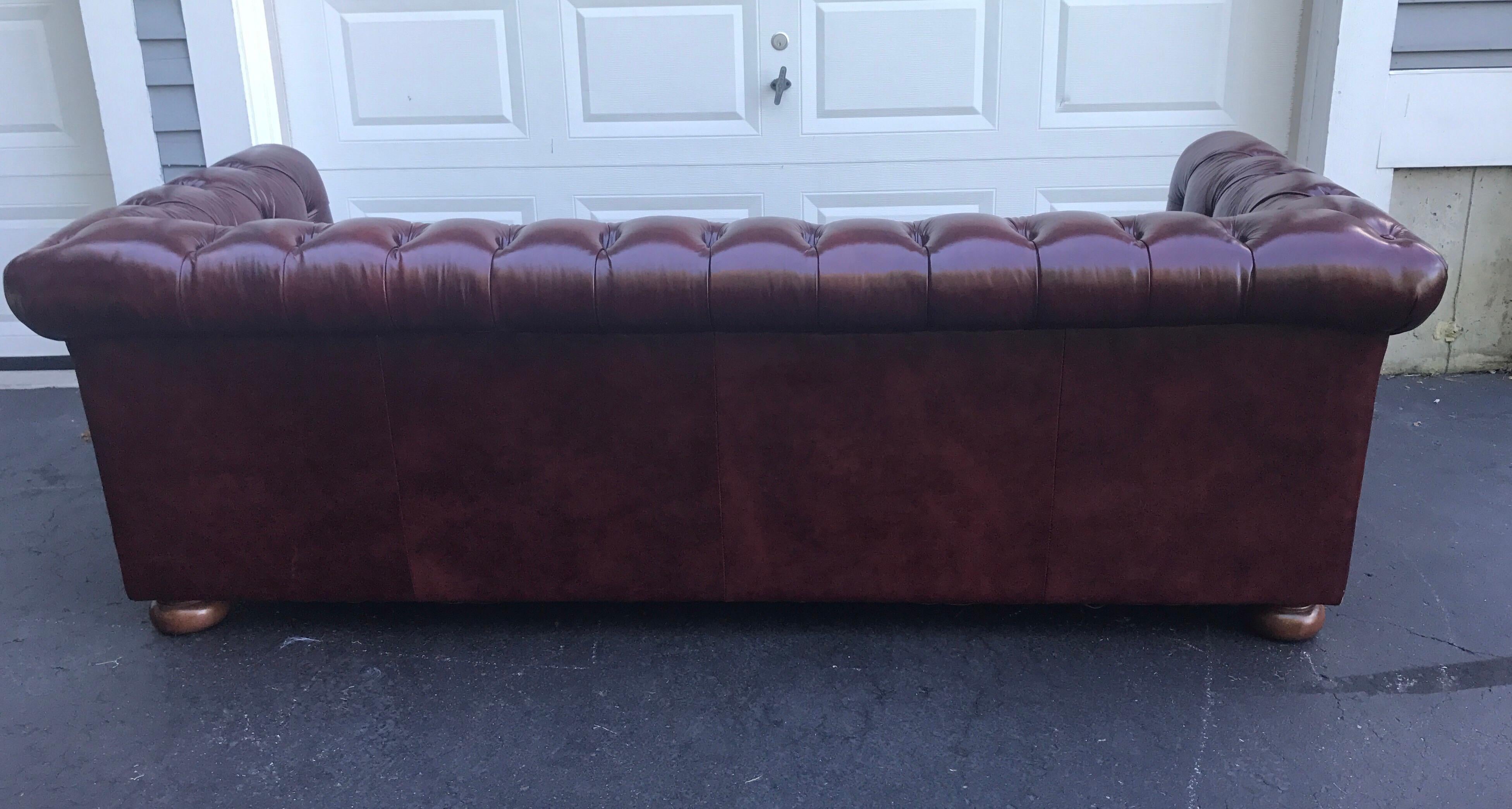 Brass Vintage English Oxblood Merlot Leather Chesterfield Tufted Sofa with Nailheads