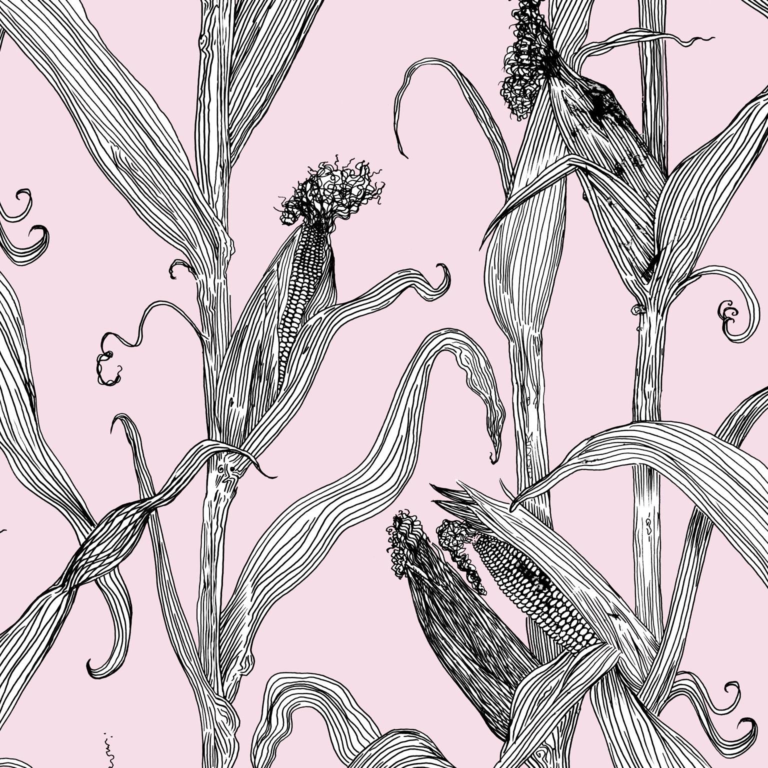 Paper Mais-Green Leaf on Pink-Corn Printed Wallpaper For Sale