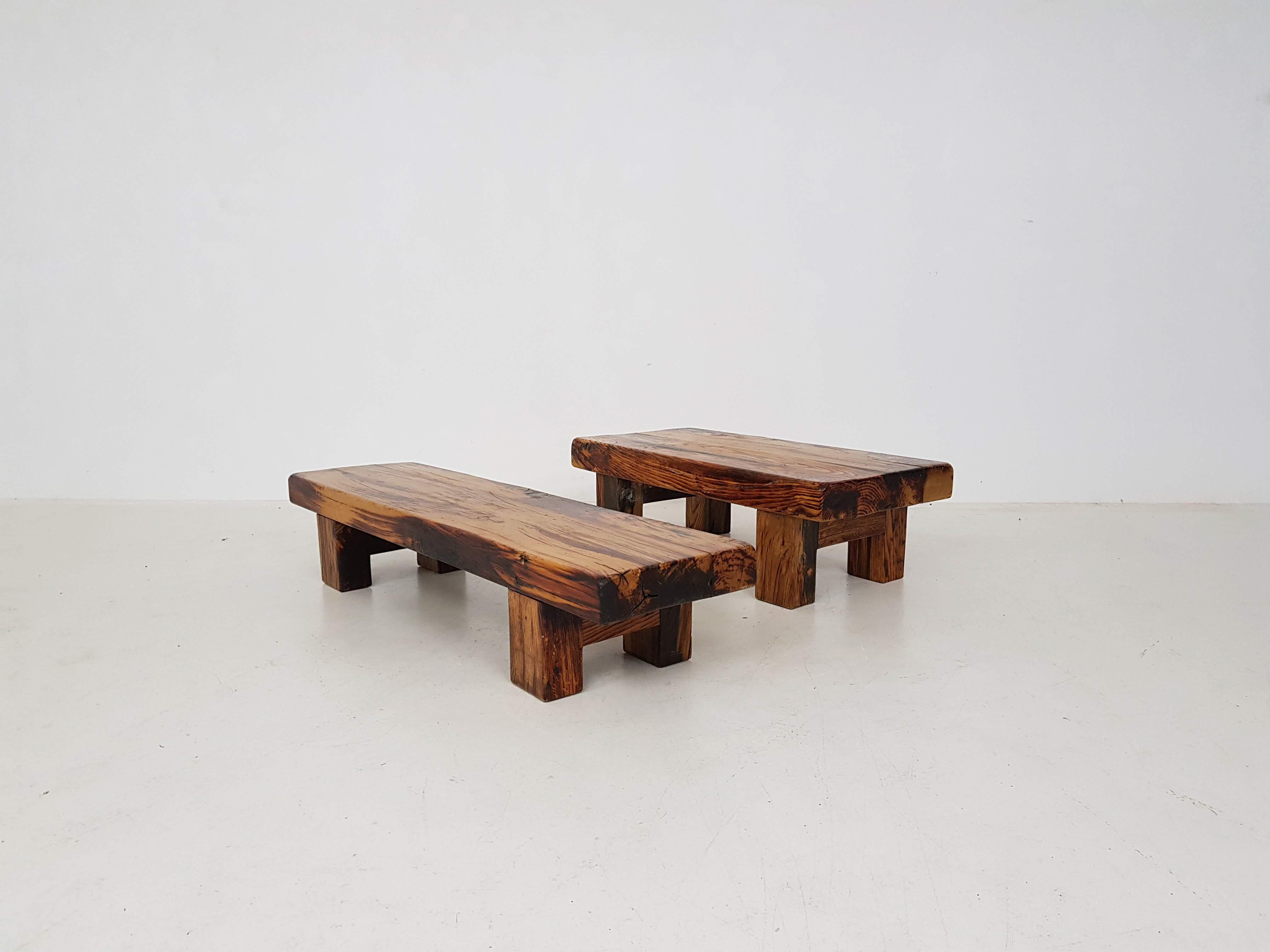 Two Charlotte Perriand Style Brutalist Solid Oak Benches or Tables, France 1950s 3