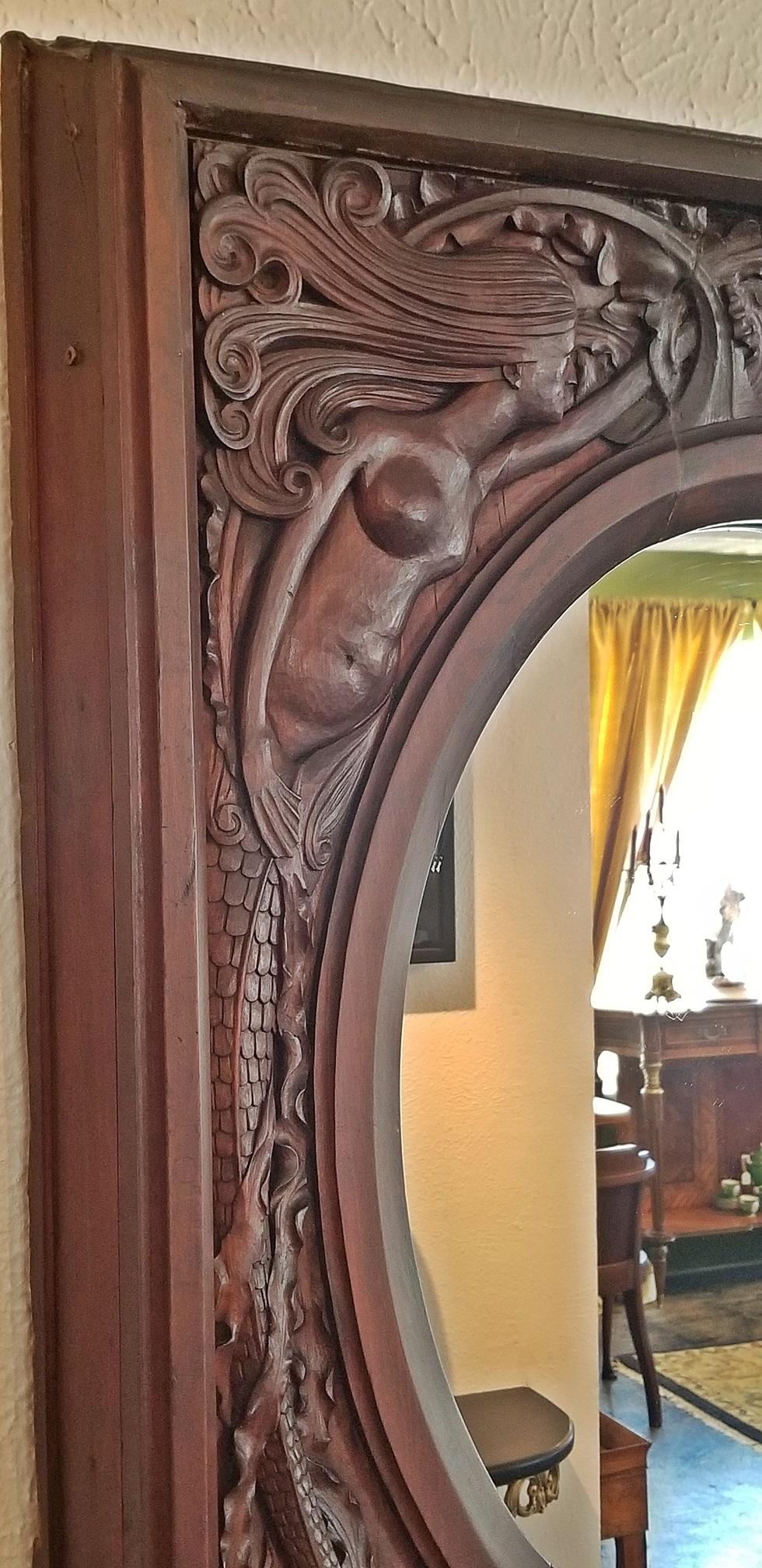 19th Century American Dark Walnut Wall Mirror with Mermaids 2