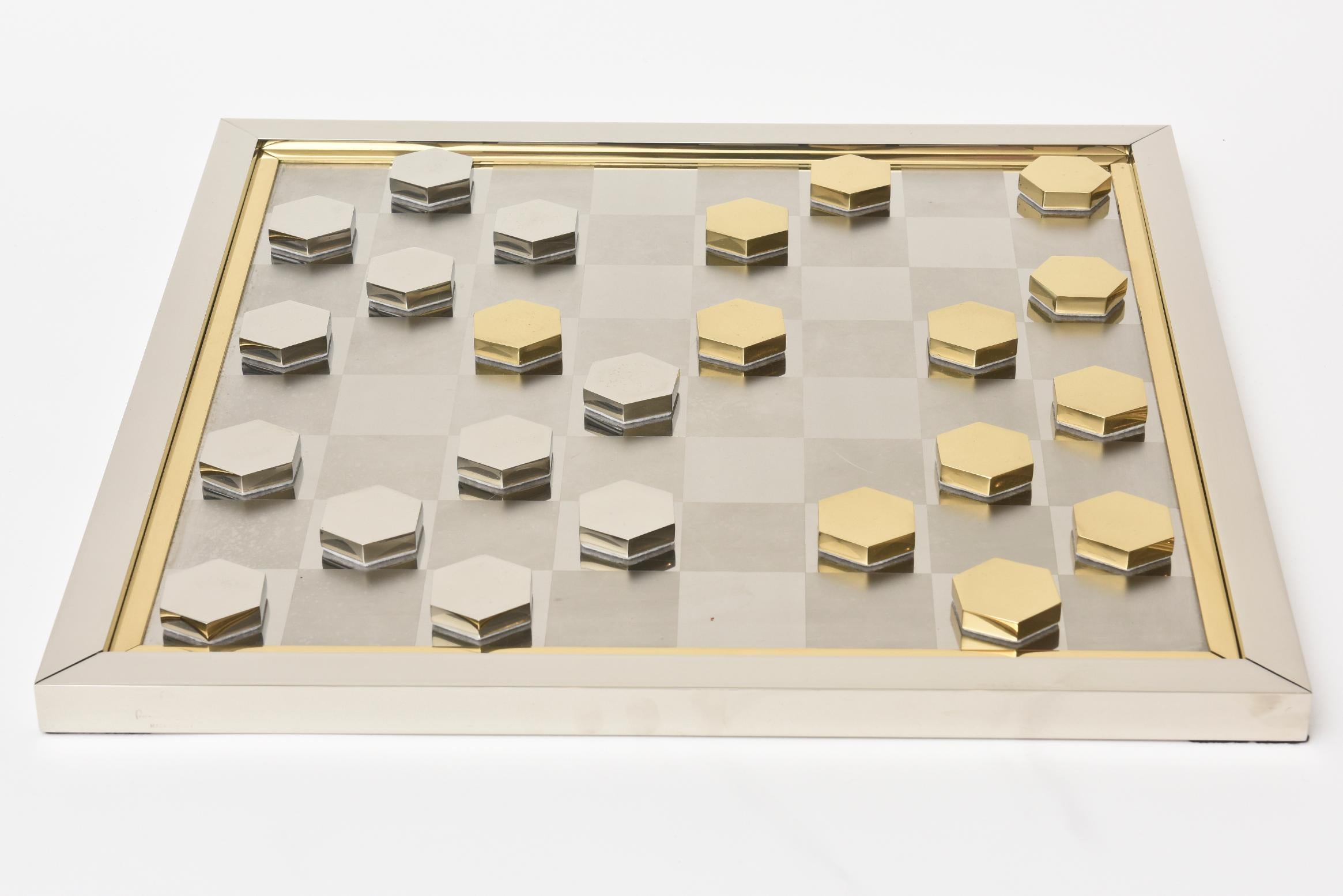 Romeo Rega Signed Brass and Chrome-Plated Checkers Game, Italian Vintage For Sale 2