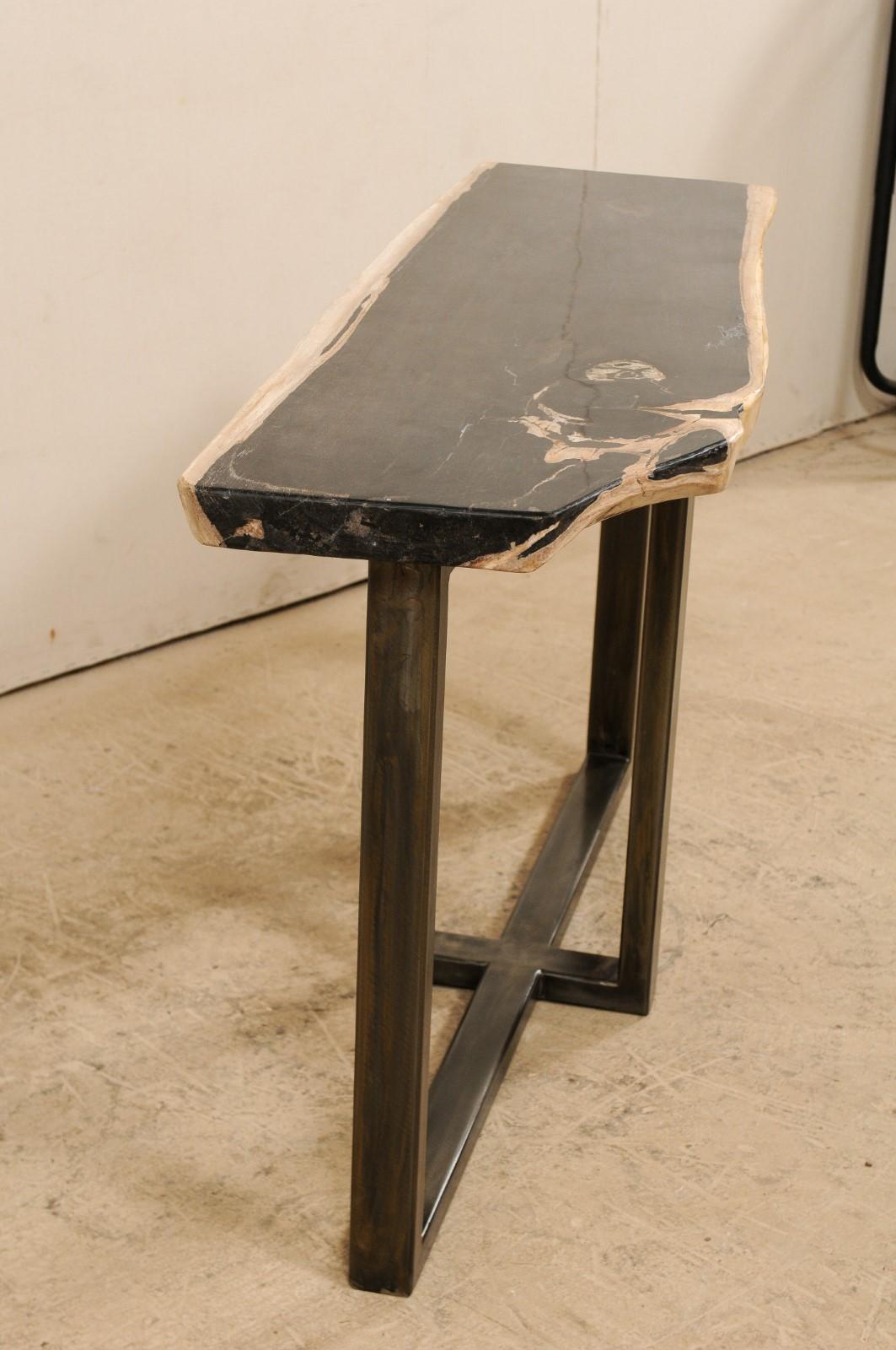Polished Petrified Wood Top Console or Sofa Table with Modern Metal Base For Sale 3