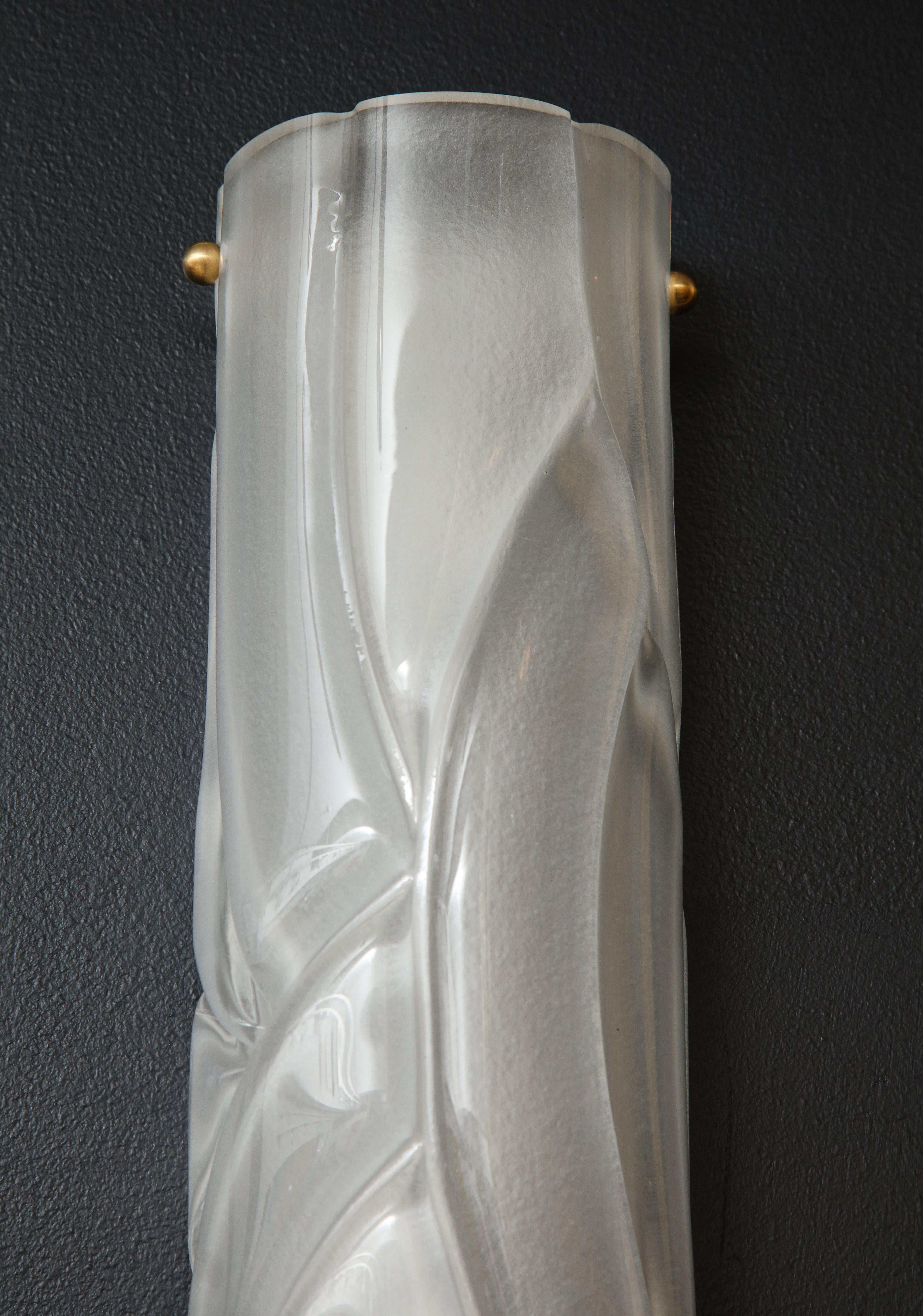 Slender Pair of Translucent White Textured Murano Glass and Brass Sconces, Italy 3