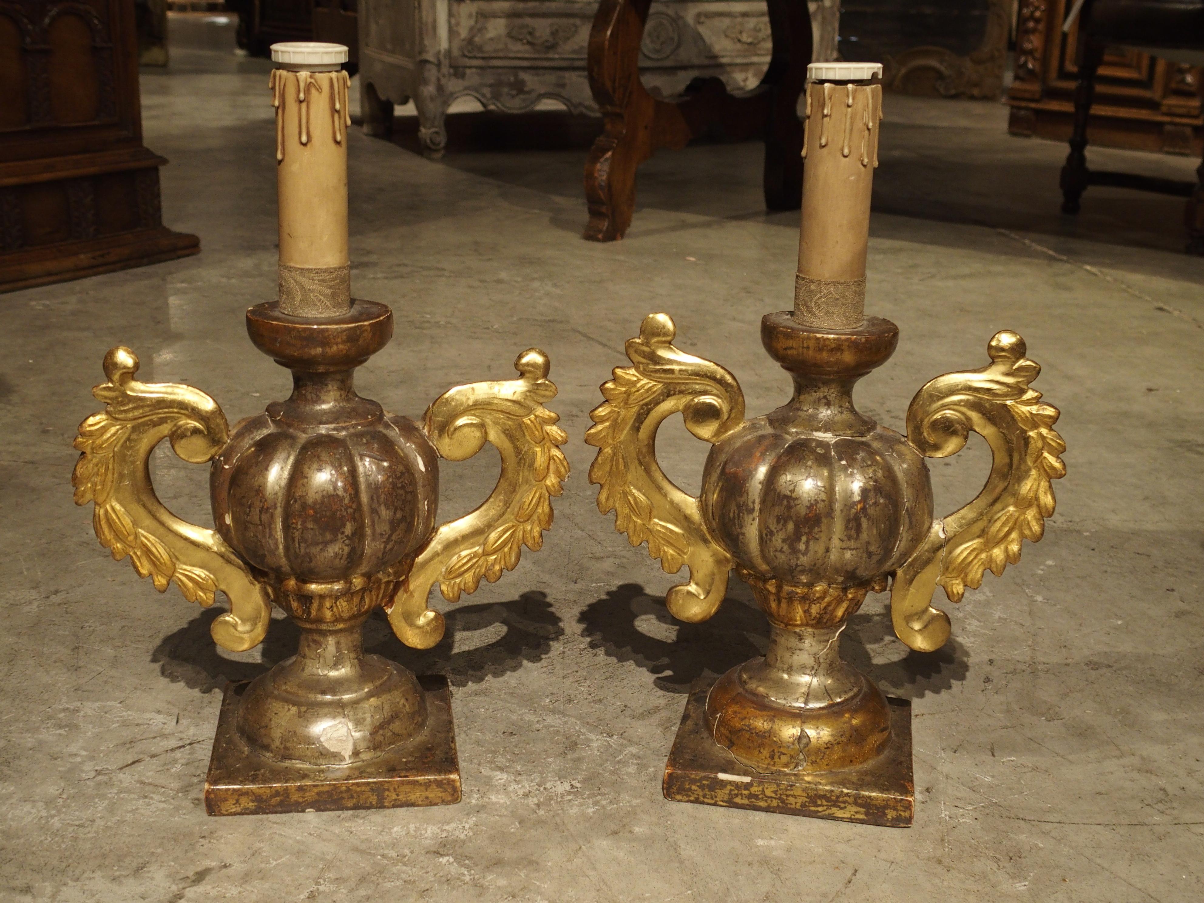 Antike italienische Kerzenständer aus vergoldetem Holz, um 1880 1