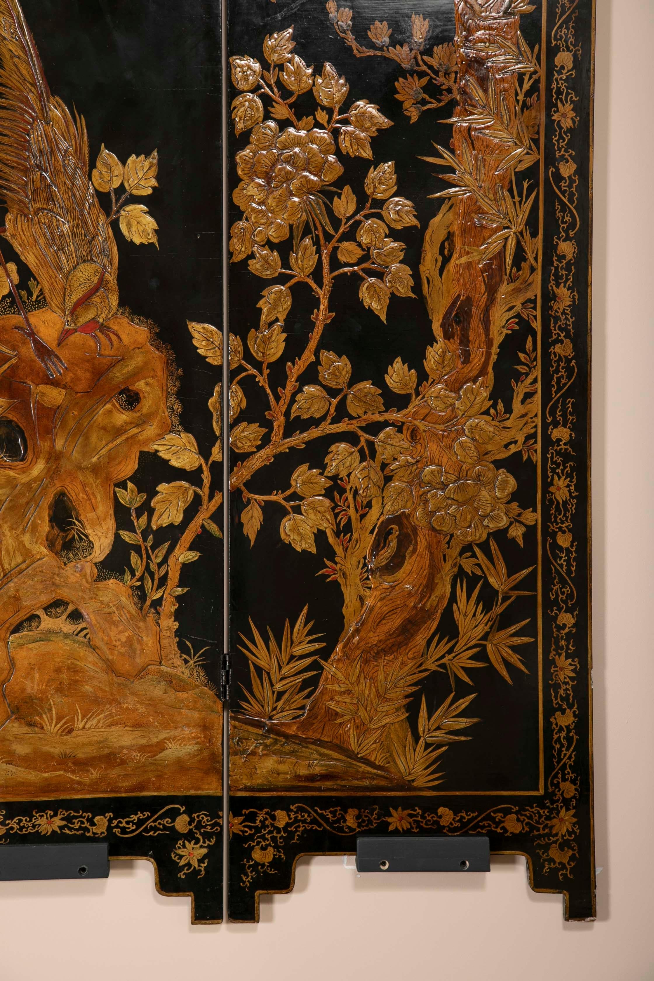Four Panel Chinese Lacquered Screen Depicting a Phoenix 2