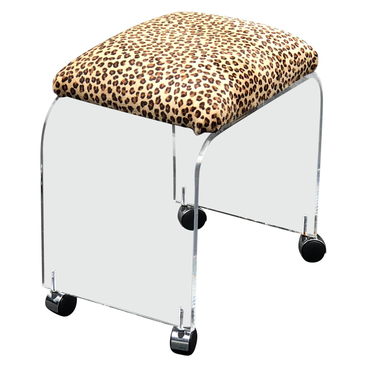 Animal Skin Mid-Century Modern Waterfall Lucite Stool or Bench with Faux Cheetah Fabric For Sale