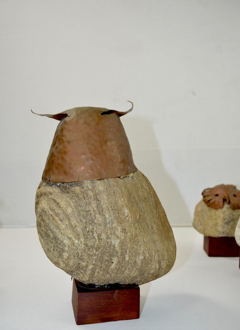 Seven-Piece Collection Brutalist Owls with Copper Heads and Feet with Stone Body 3