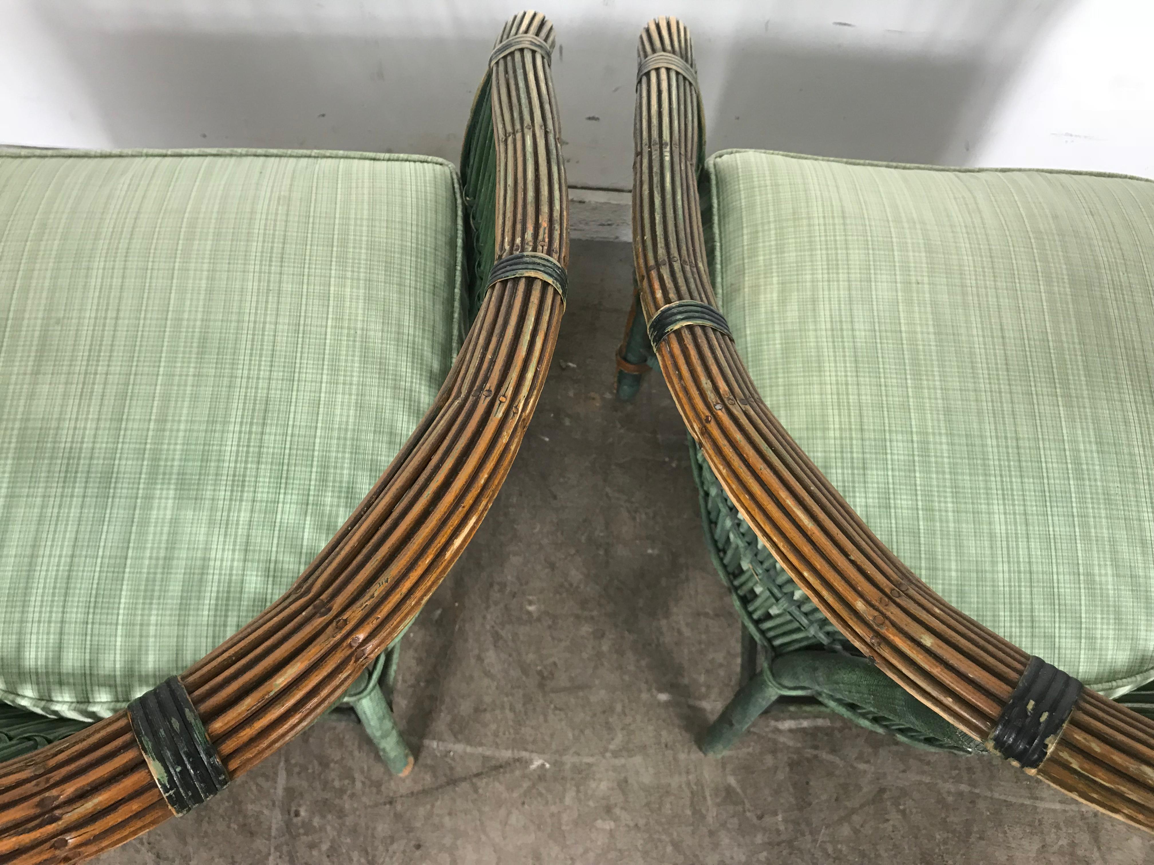 Pair of Art Deco Split Reed Stick Wicker Lounge Chairs 4