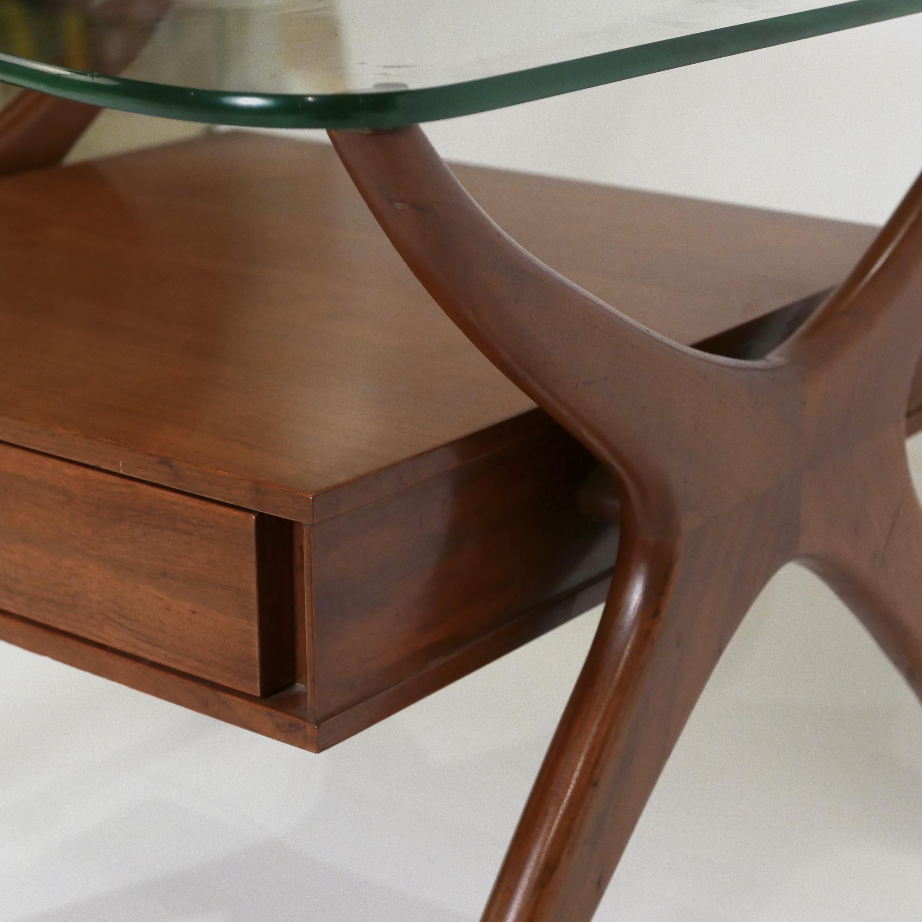 Midcentury Pair of Sculptural Walnut and Glass End Tables 3