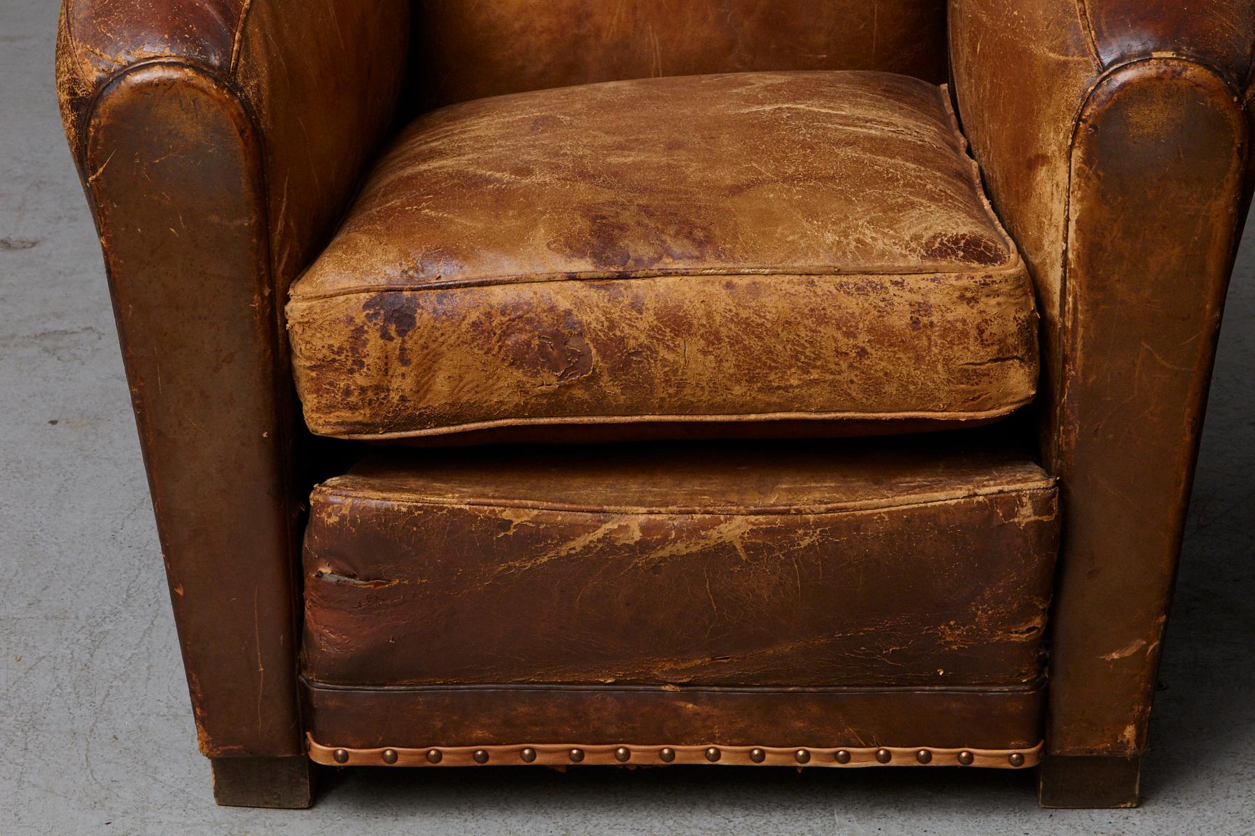 Pair of Large Distressed French Leather Fauteuils or Club Chairs, circa 1930s 4