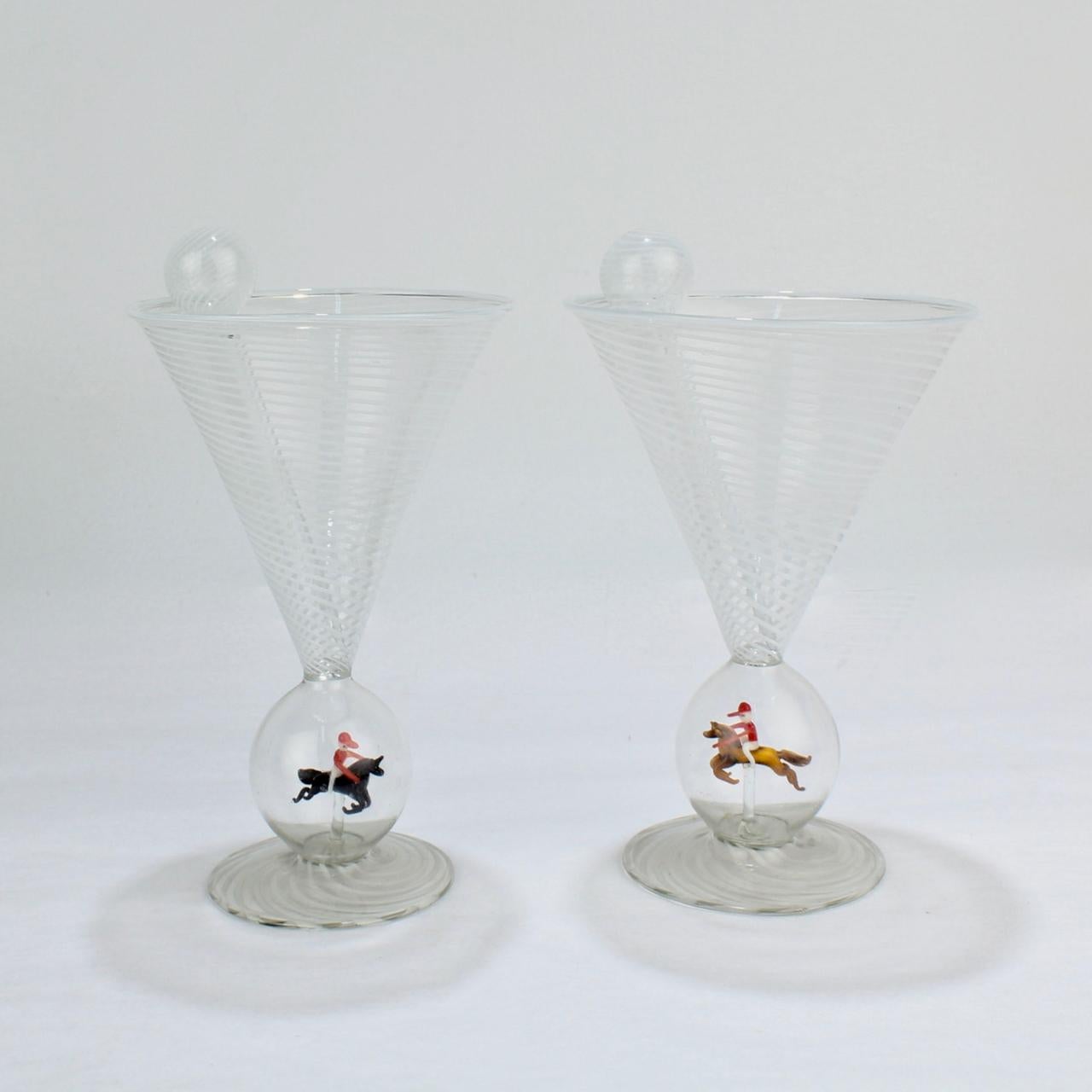 Blown Glass Set of 6 Bimini Glass Art Deco Martini Glasses with Cocktail Spears