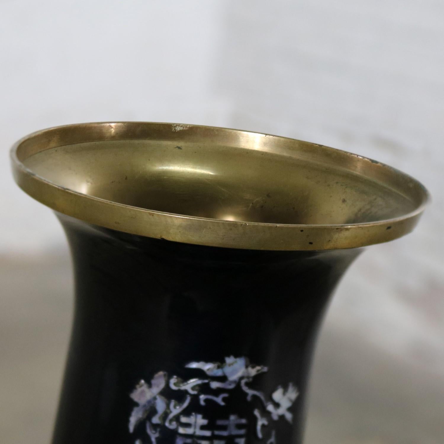 Brass Black Lacquer with Inlaid Mother-of-Pearl Korean Bottle Vase Extra Large Footed