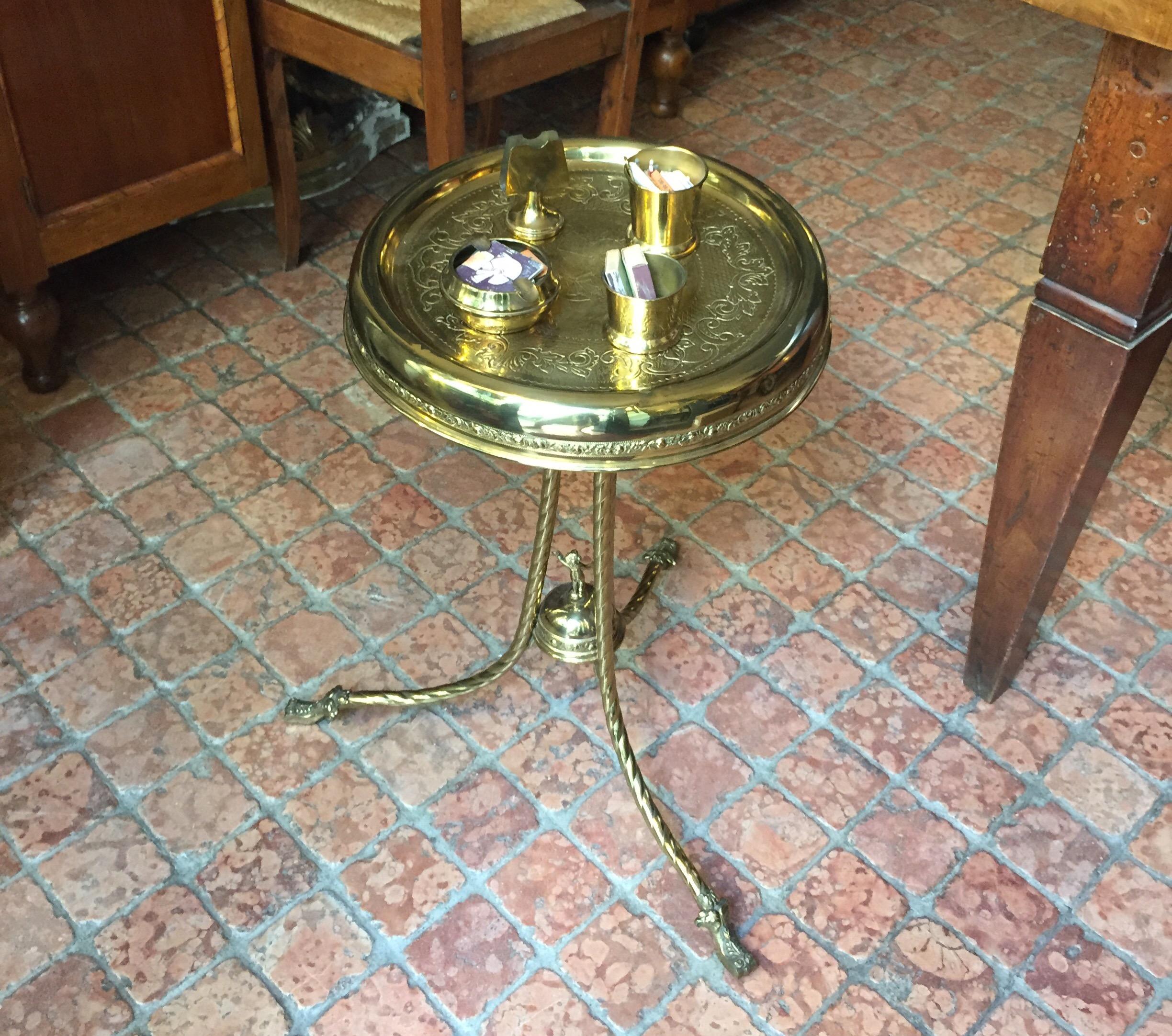 Mid-20th Century Italian Brass Smokers Table with Repoussé Engraved Round Top 6