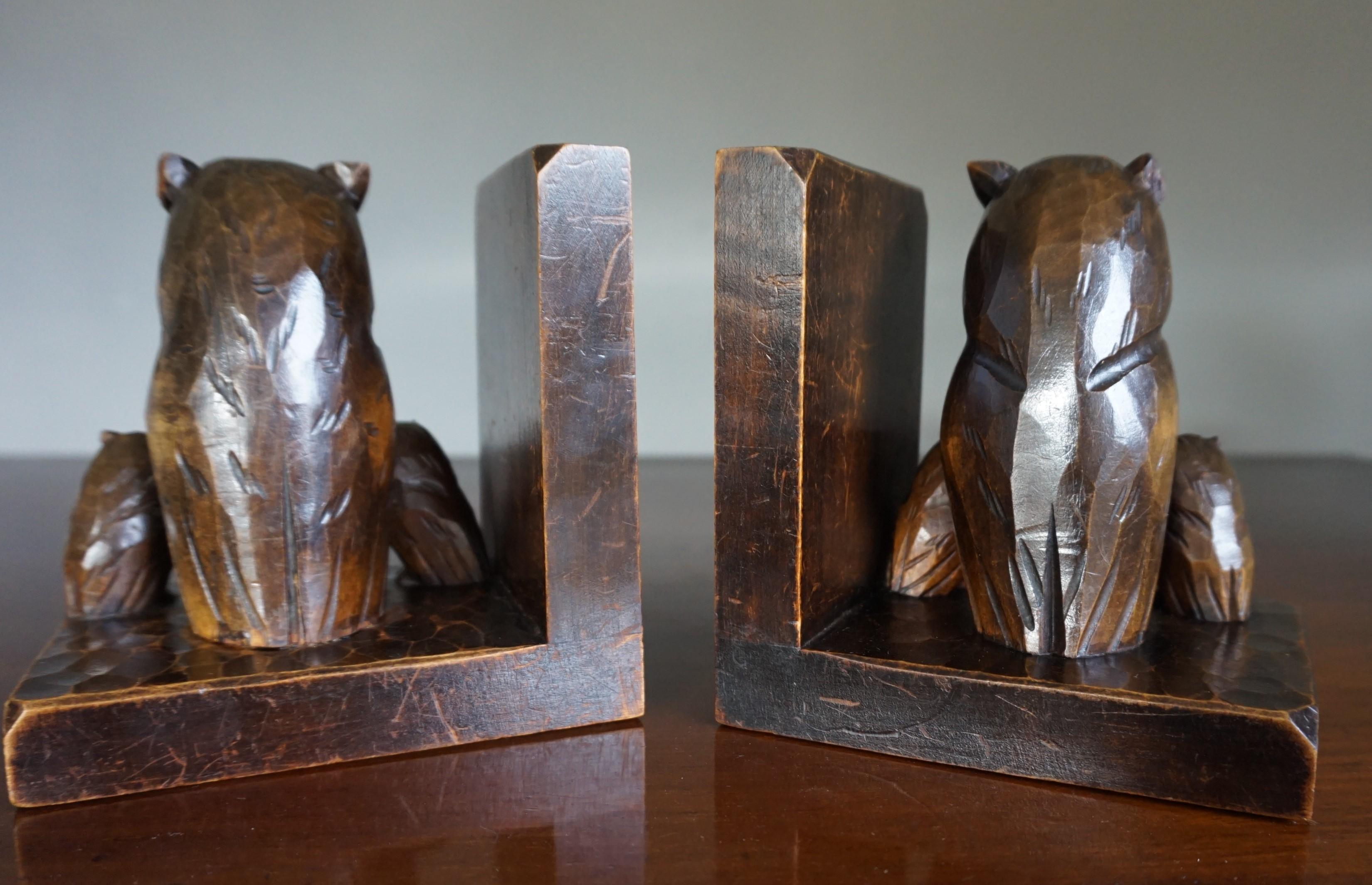 Early 20th Century Art Deco Era Bookends W. Hand Carved Family of Owl Sculptures 3