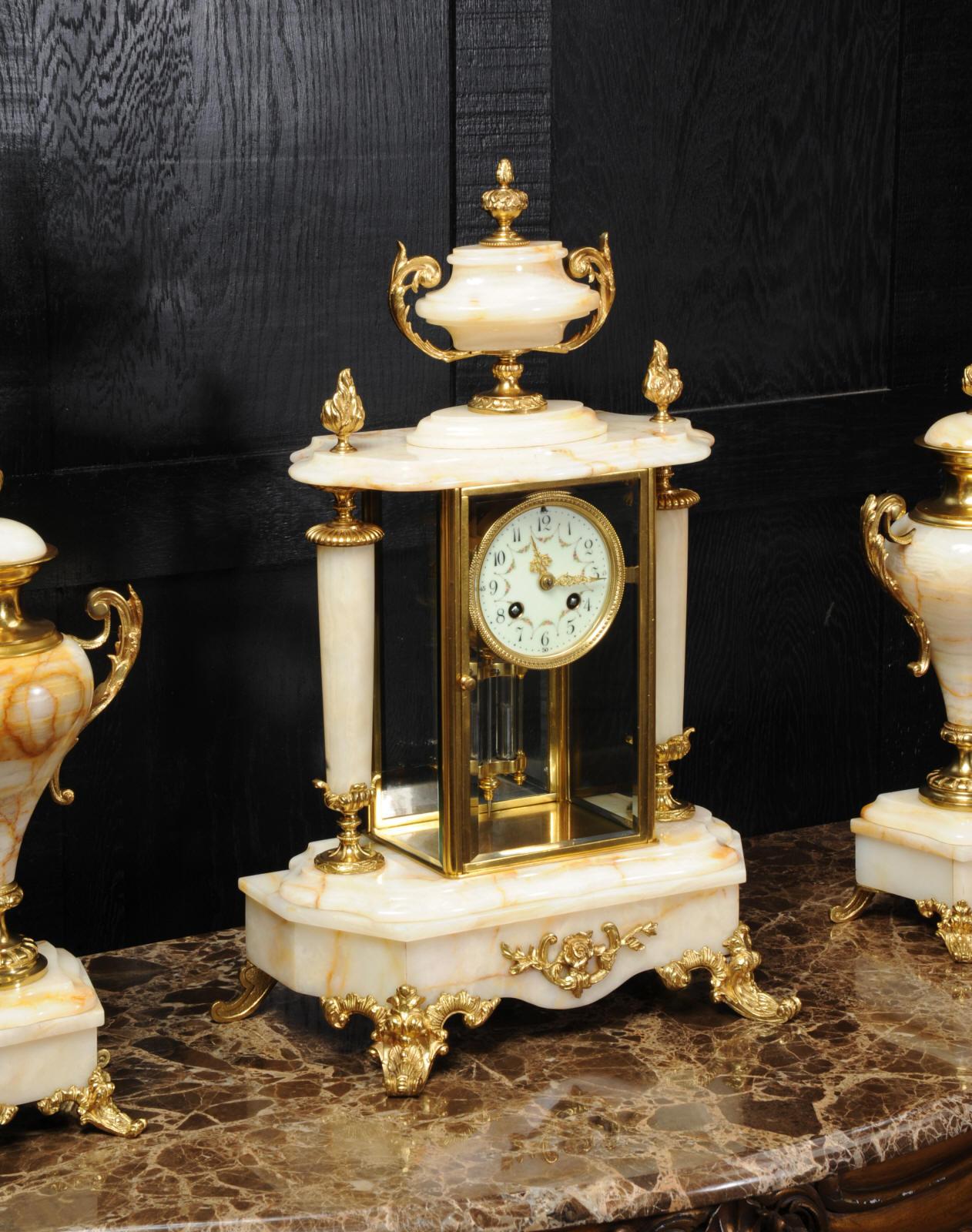 Antique French Four Glass Crystal Regulator Clock Set in Onyx and Ormolu 3