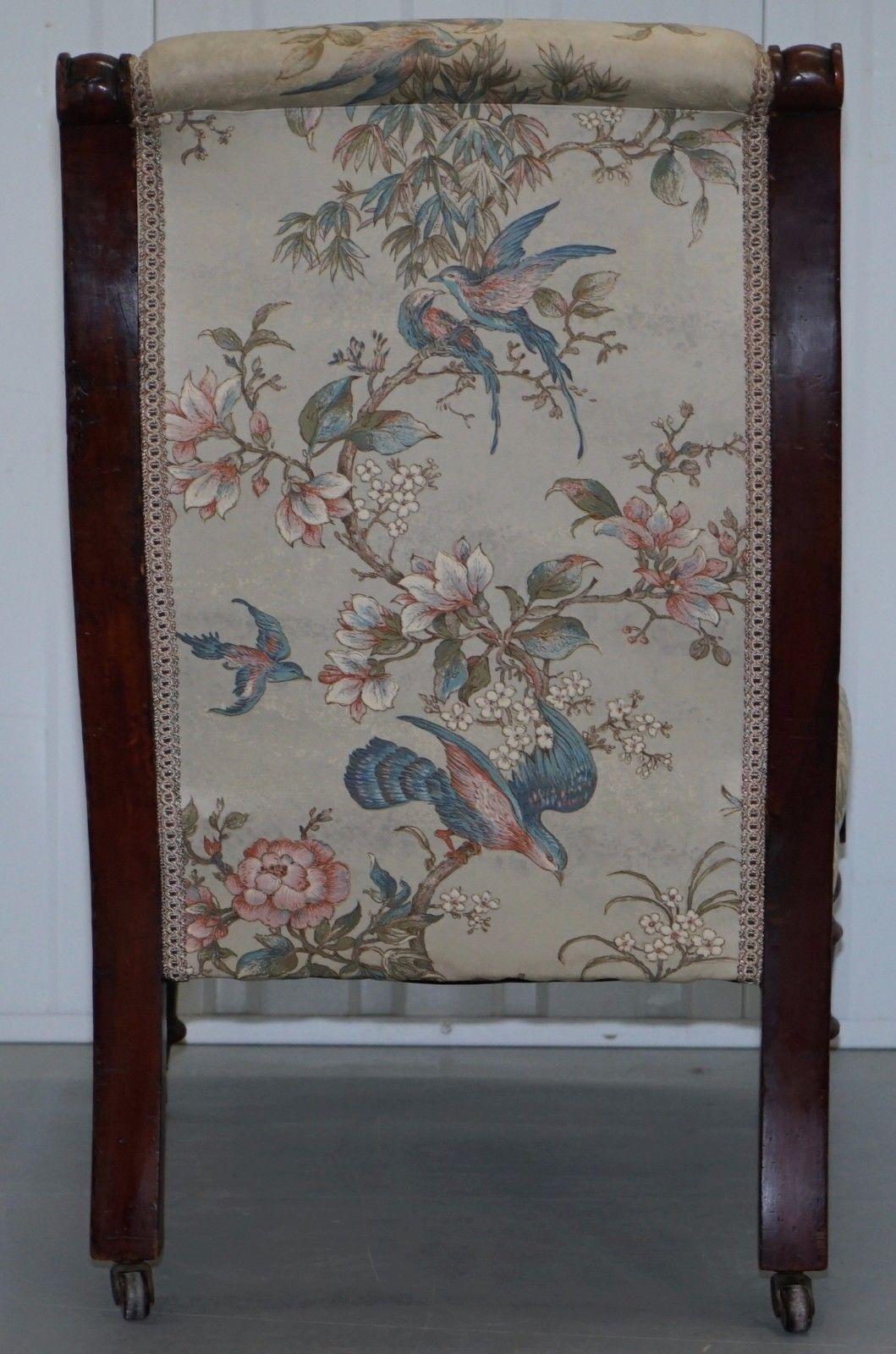 Victorian Mahogany Library Chair Part of Suite Satin Floral and Birds Upholstery 4