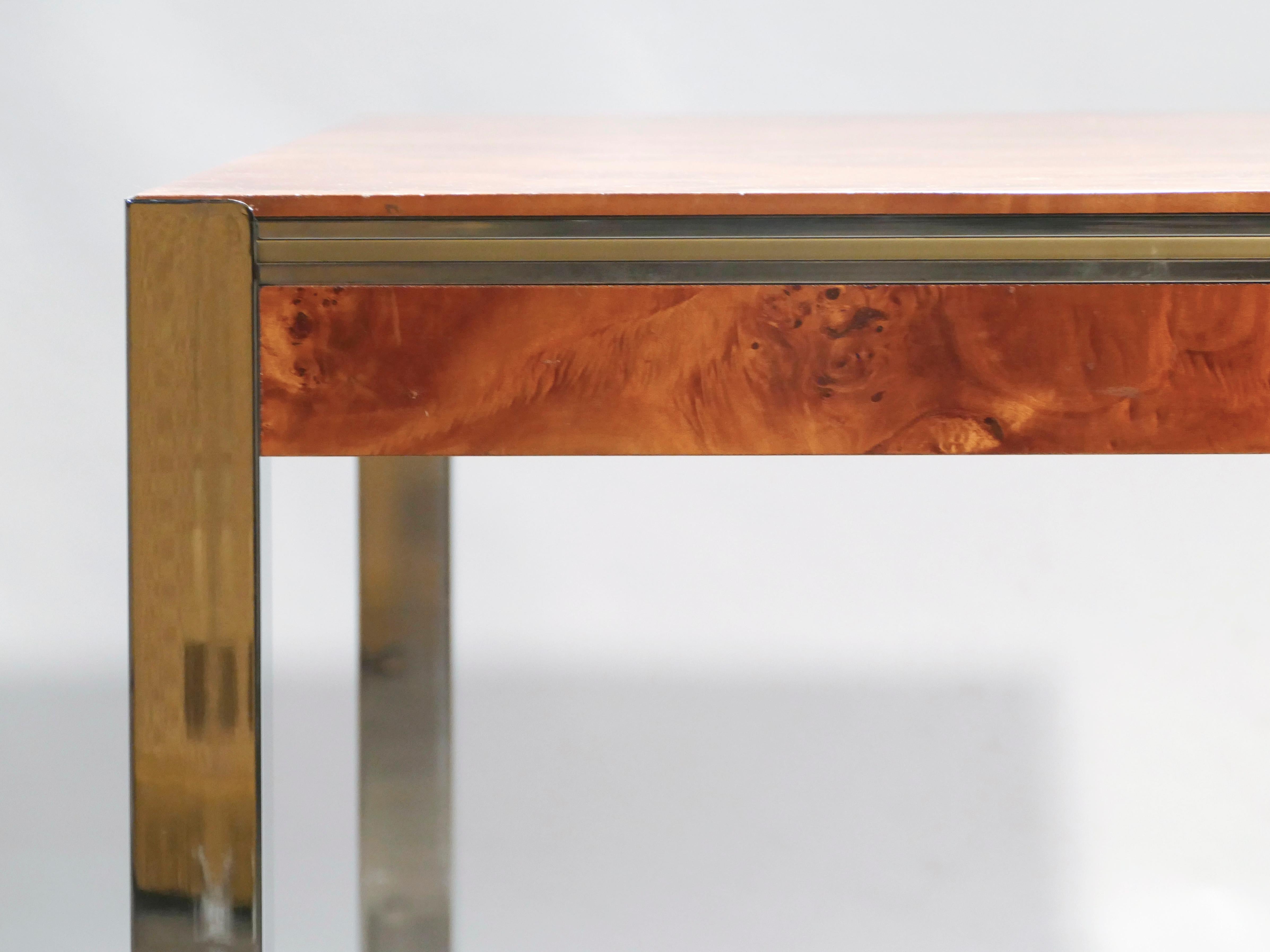 Willy Rizzo Burl Chrome Brass Dining Table, 1970s 3