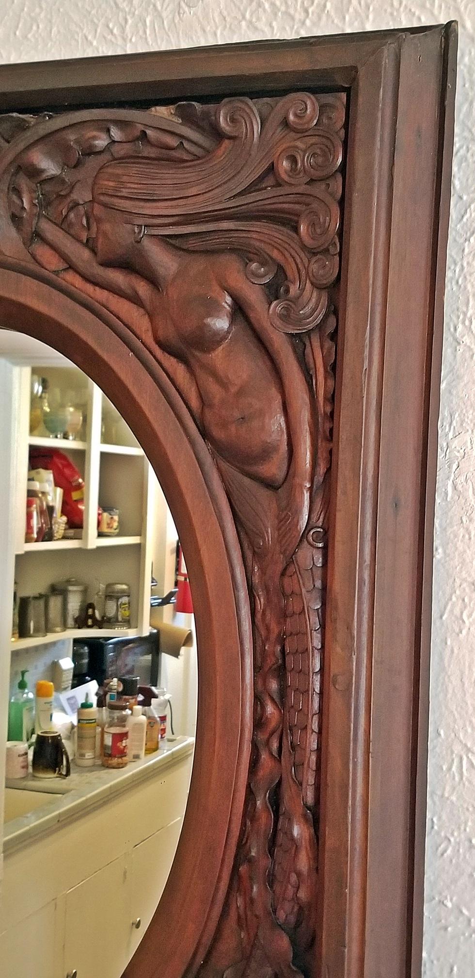 19th Century American Dark Walnut Wall Mirror with Mermaids 3