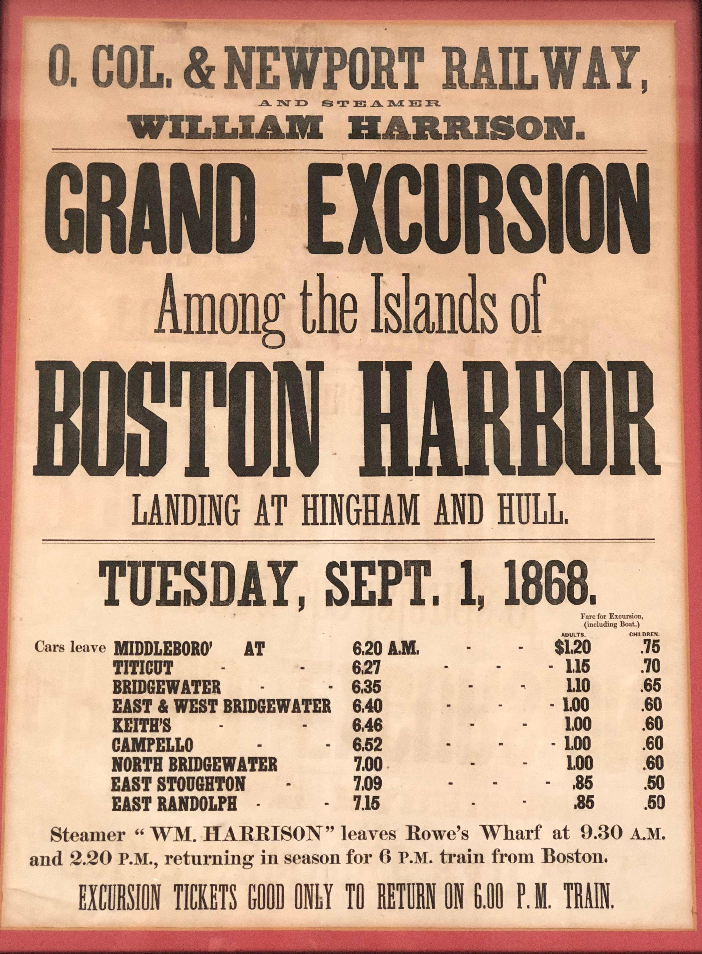 1868 Boston Harbor Island Cruise Broadside Poster 1