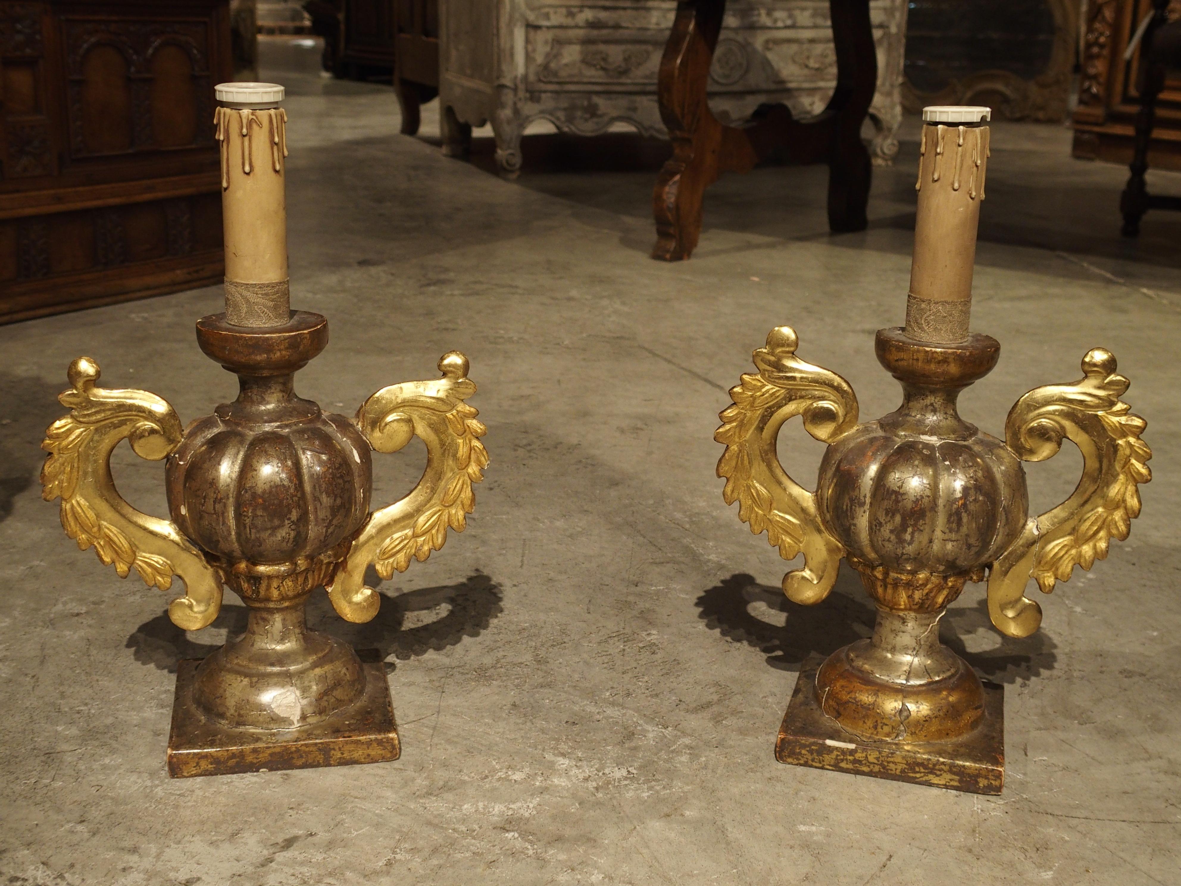 Antike italienische Kerzenständer aus vergoldetem Holz, um 1880 2