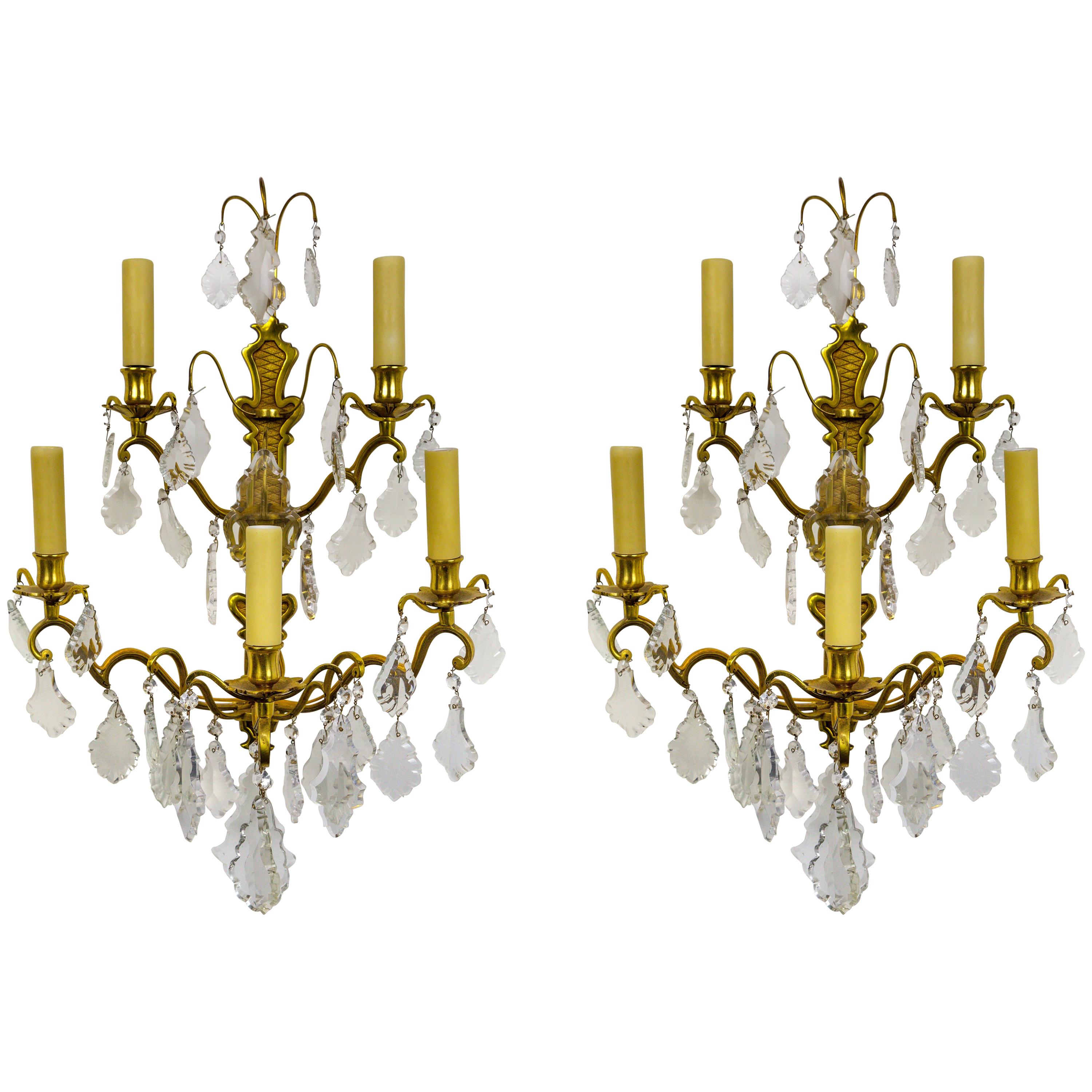 French Double Tier Crystal Candelabra Sconces, Sold Individually
