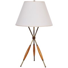 Gerald Thurston for Lightolier Brass and Walnut Tripod Table Lamp, circa 1960