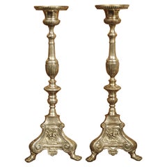 Pair of Antique Silvered Bronze French Candlesticks, 19th Century