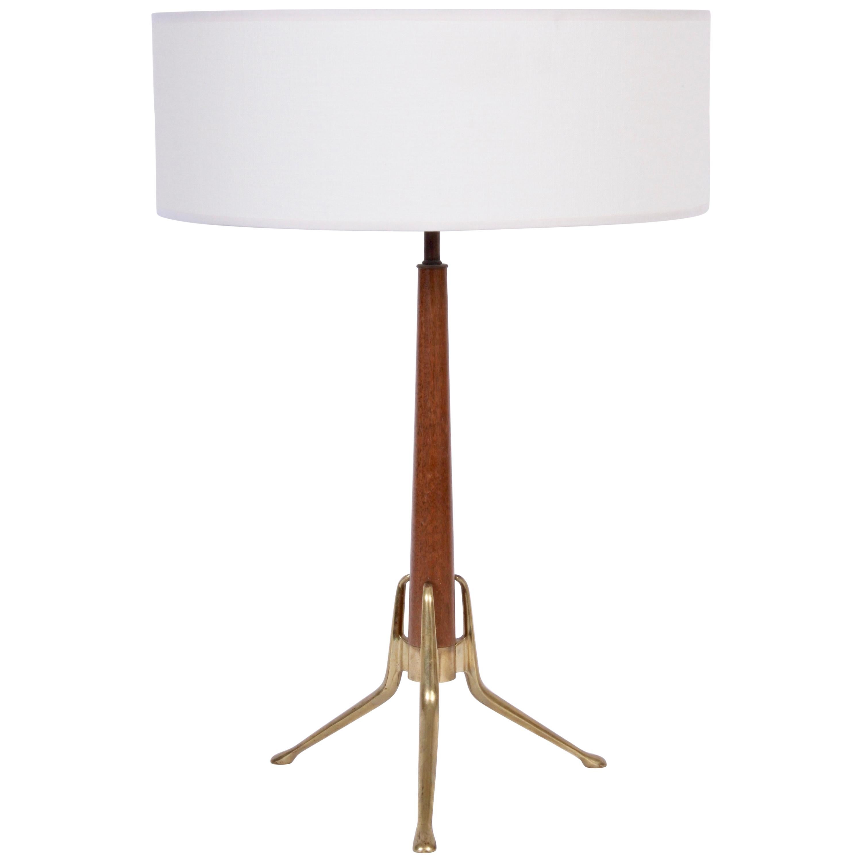 Gerald Thurston for Lightoilier Brass & Wood Tripod Table Lamp with White Shade