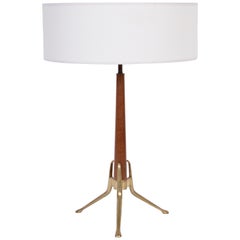 Gerald Thurston for Lightoilier Brass & Wood Tripod Table Lamp with White Shade