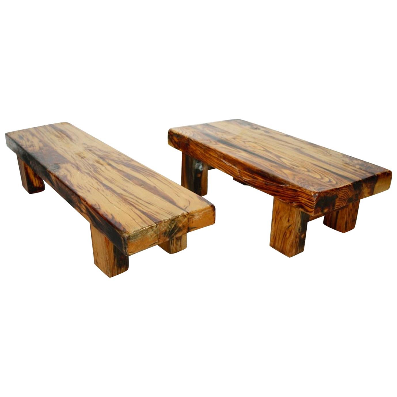 Two Charlotte Perriand Style Brutalist Solid Oak Benches or Tables, France 1950s