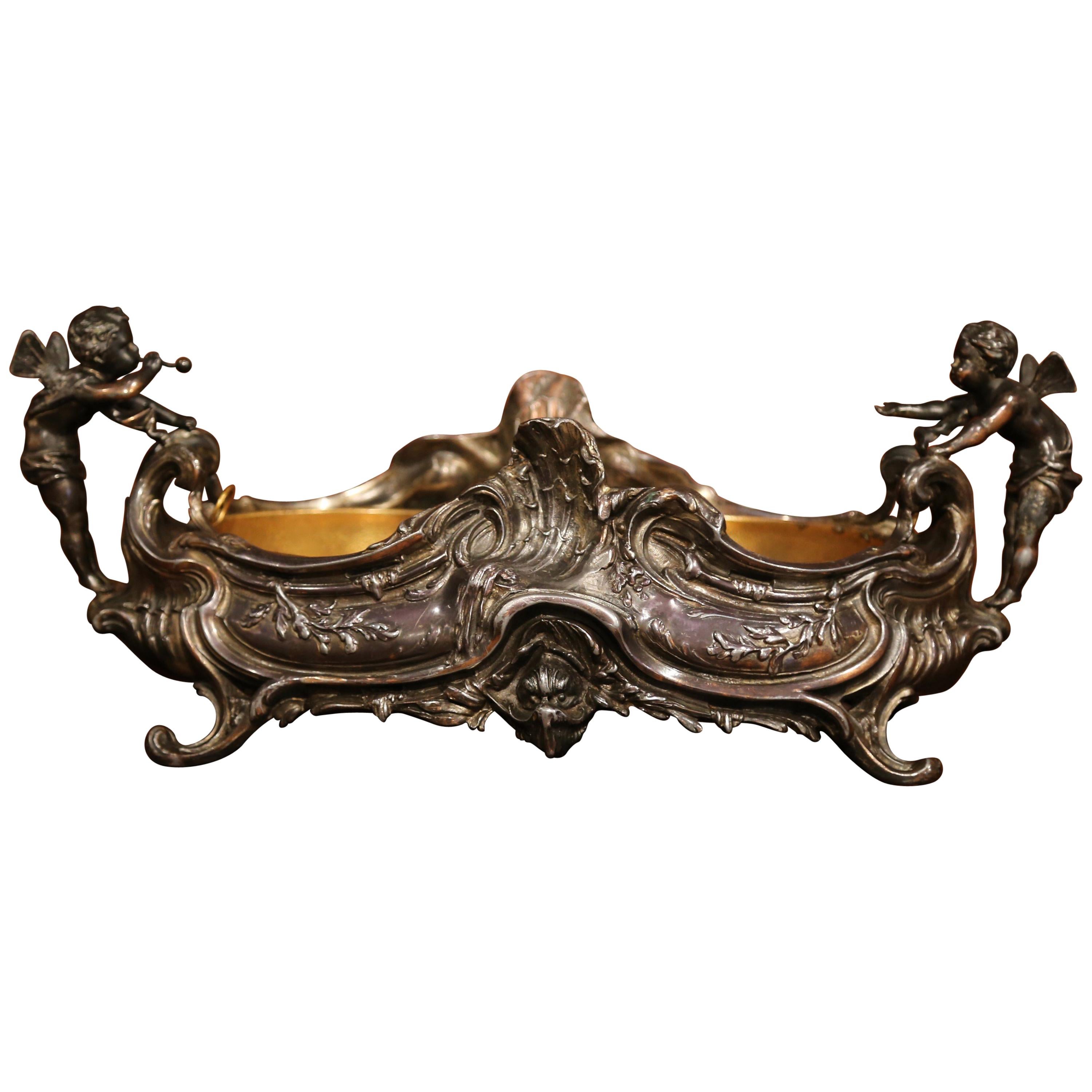 19th Century French Louis XV Pewter Centrepiece with Cherubs and Inside Liner